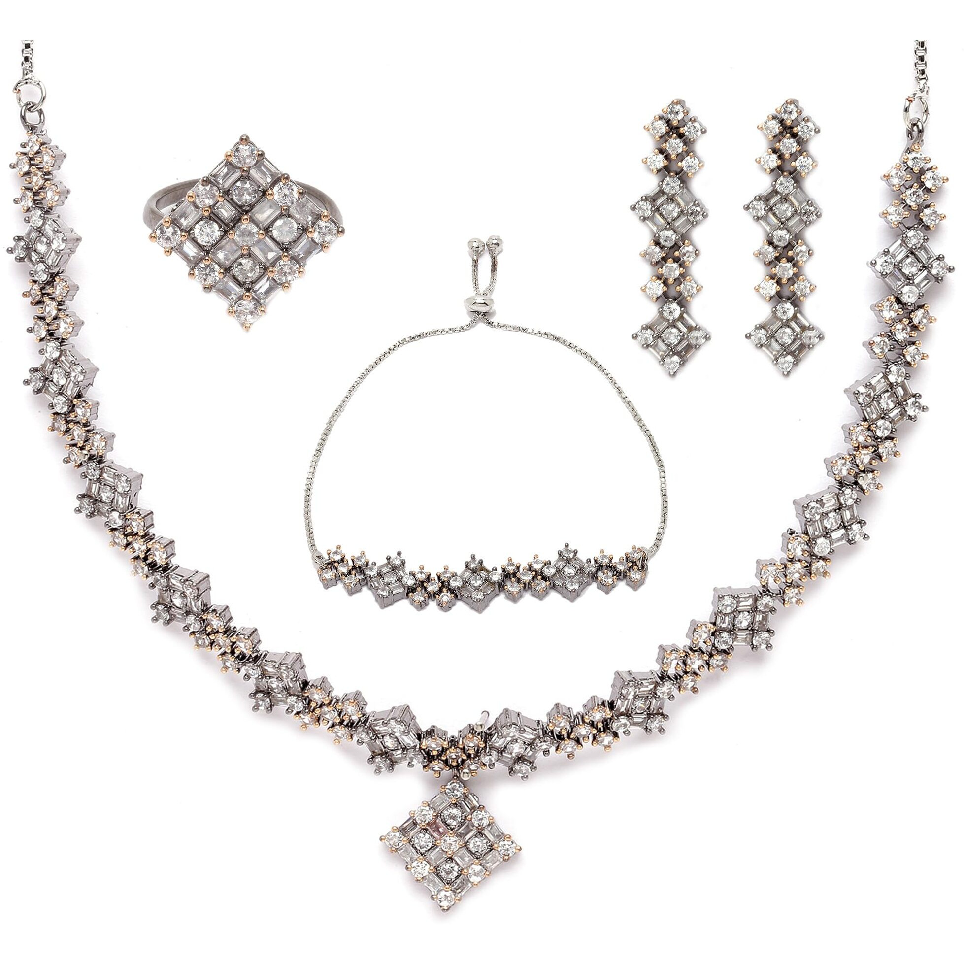 ZENEME Rose Gold Plated White American Diamond Studded Square Shaped Necklace, Earring & Bracelet With Ring Jewellery Set For Women & Girl (Rose Gold Black)