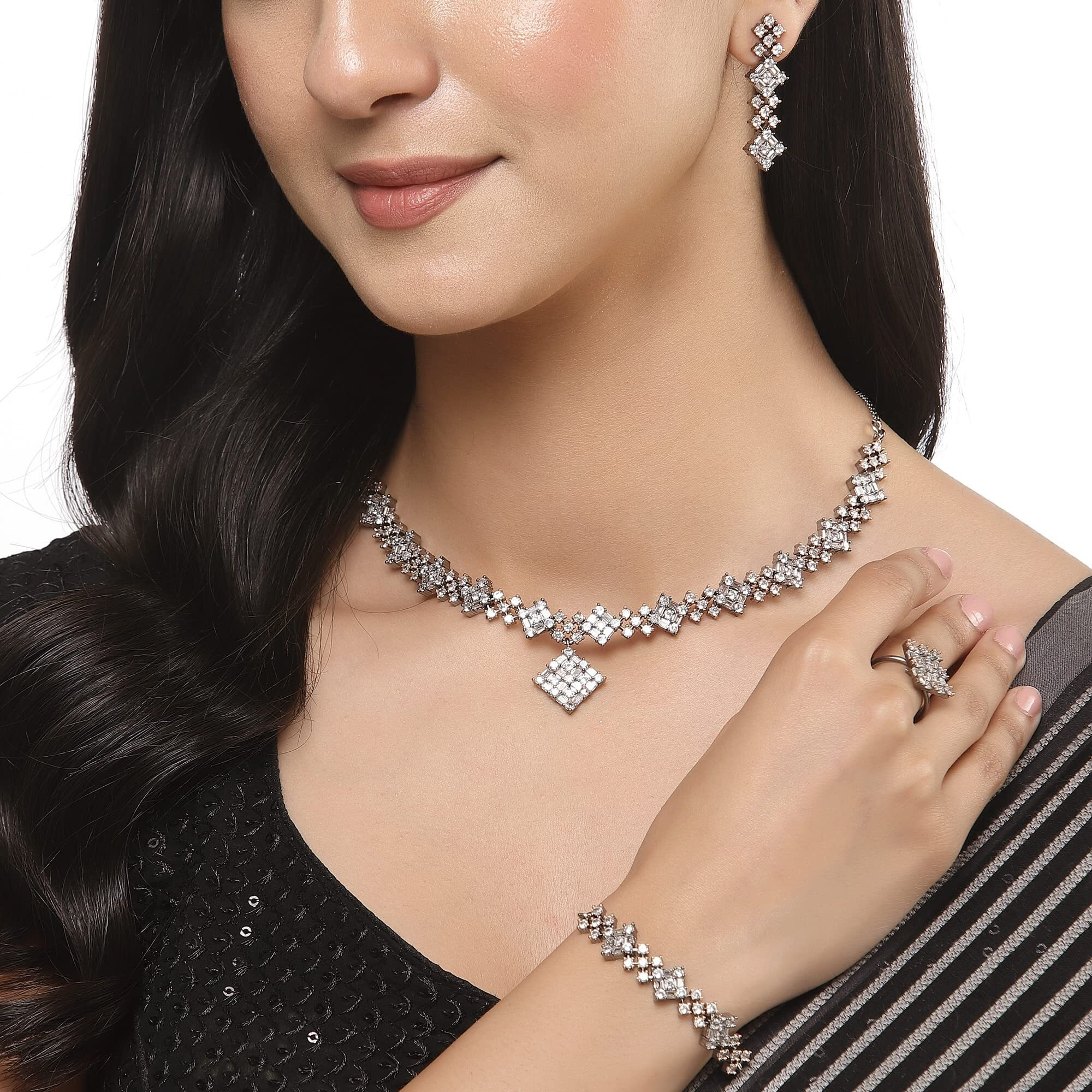 ZENEME Rose Gold Plated White American Diamond Studded Square Shaped Necklace, Earring & Bracelet With Ring Jewellery Set For Women & Girl (Rose Gold Black)