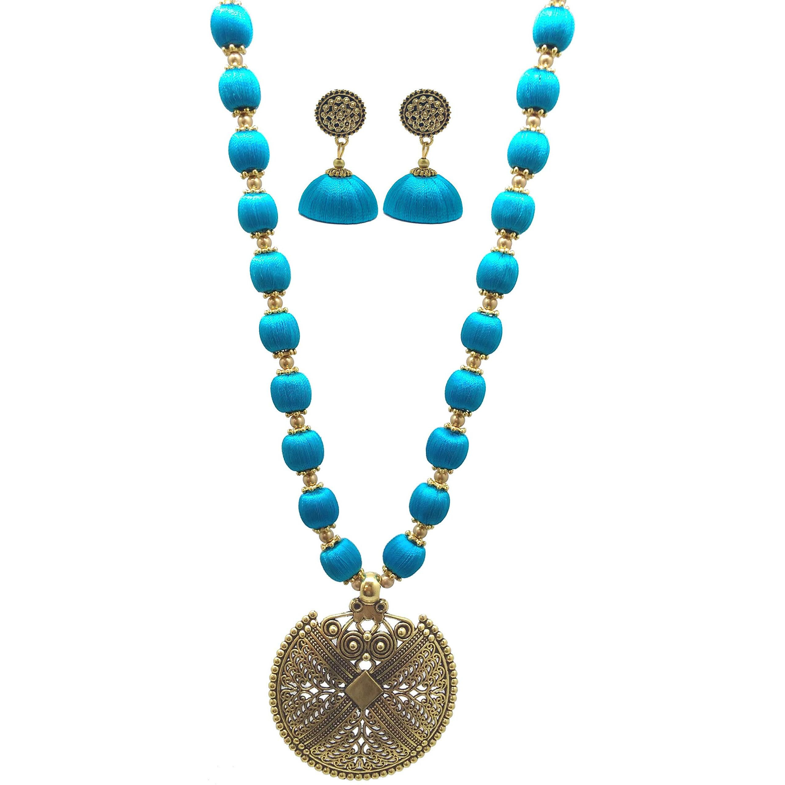 MDS FASHIONS Silk Thread Beads with Antique Net Chakkra Necklace and Earrings set for Beautiful Women (MDS-1073) (Sky Blue)