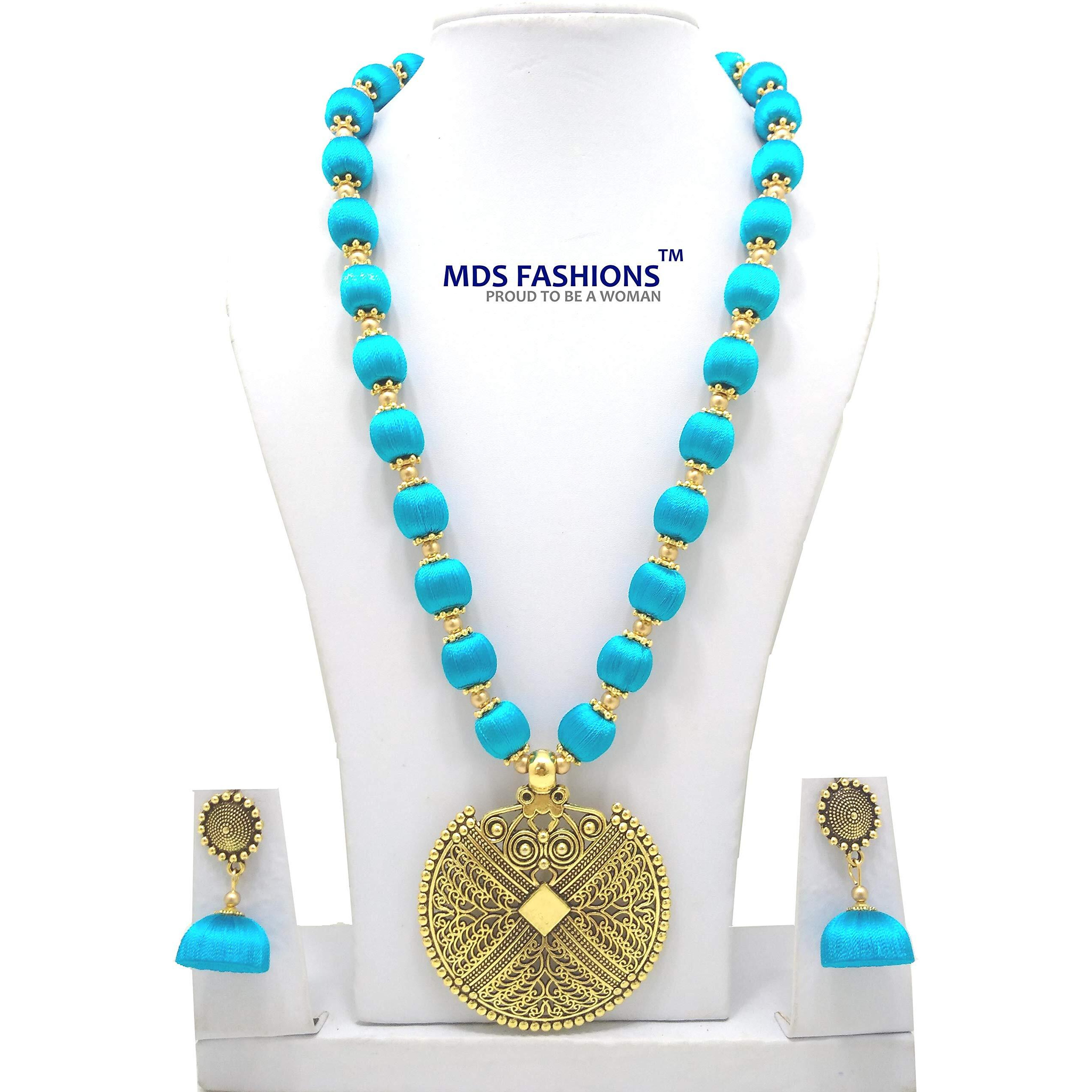 MDS FASHIONS Silk Thread Beads with Antique Net Chakkra Necklace and Earrings set for Beautiful Women (MDS-1073) (Sky Blue)