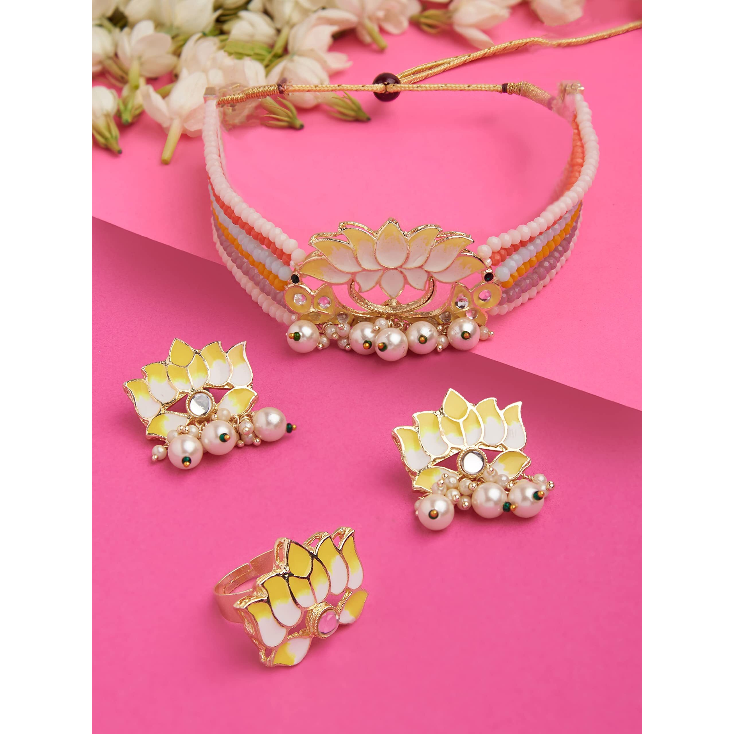 ZAVERI PEARLS Multicolor Crystals Beaded Multistrand Lotus Meenakari Choker Necklace Earring & Ring Set For Women-ZPFK14751
