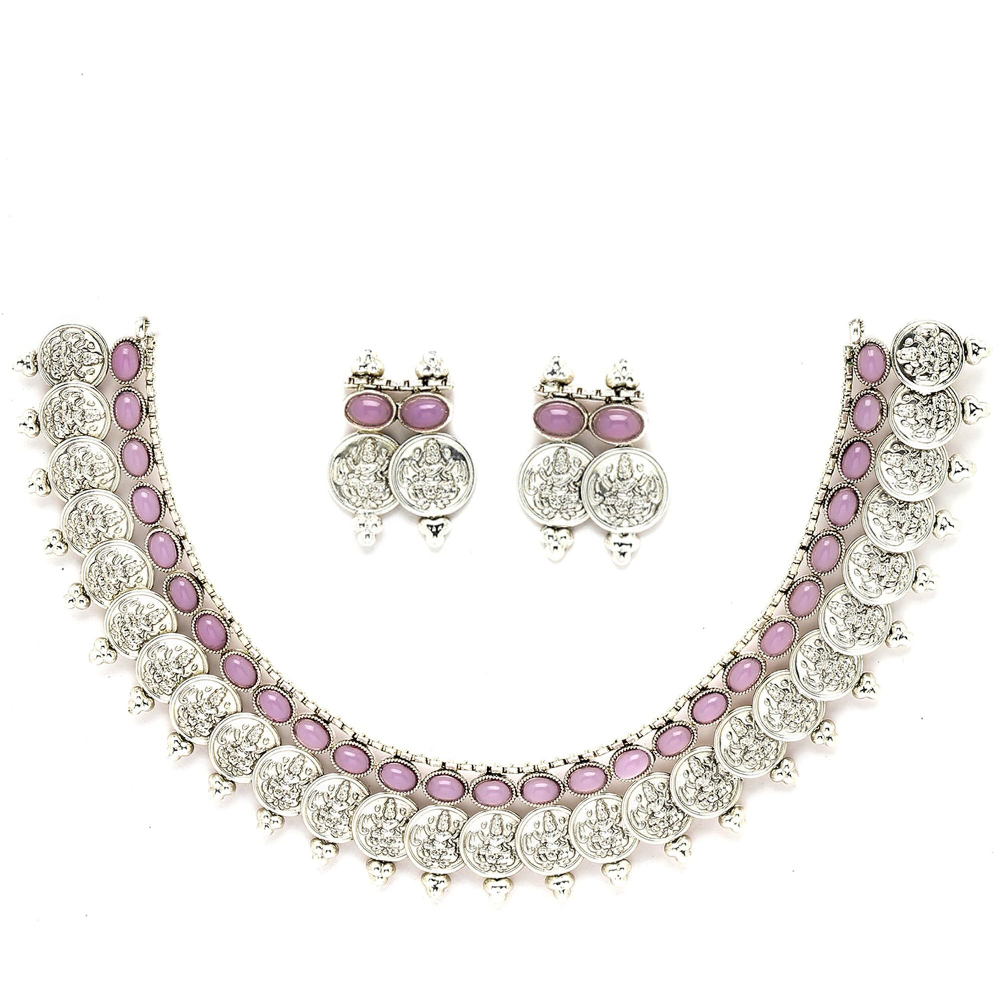 ZENEME New Antique Oxidised Silver Plated Traditional Temple Coin Red American Diamond Studded Necklace With Earrings Jewellery For Women & Girls (Pink)