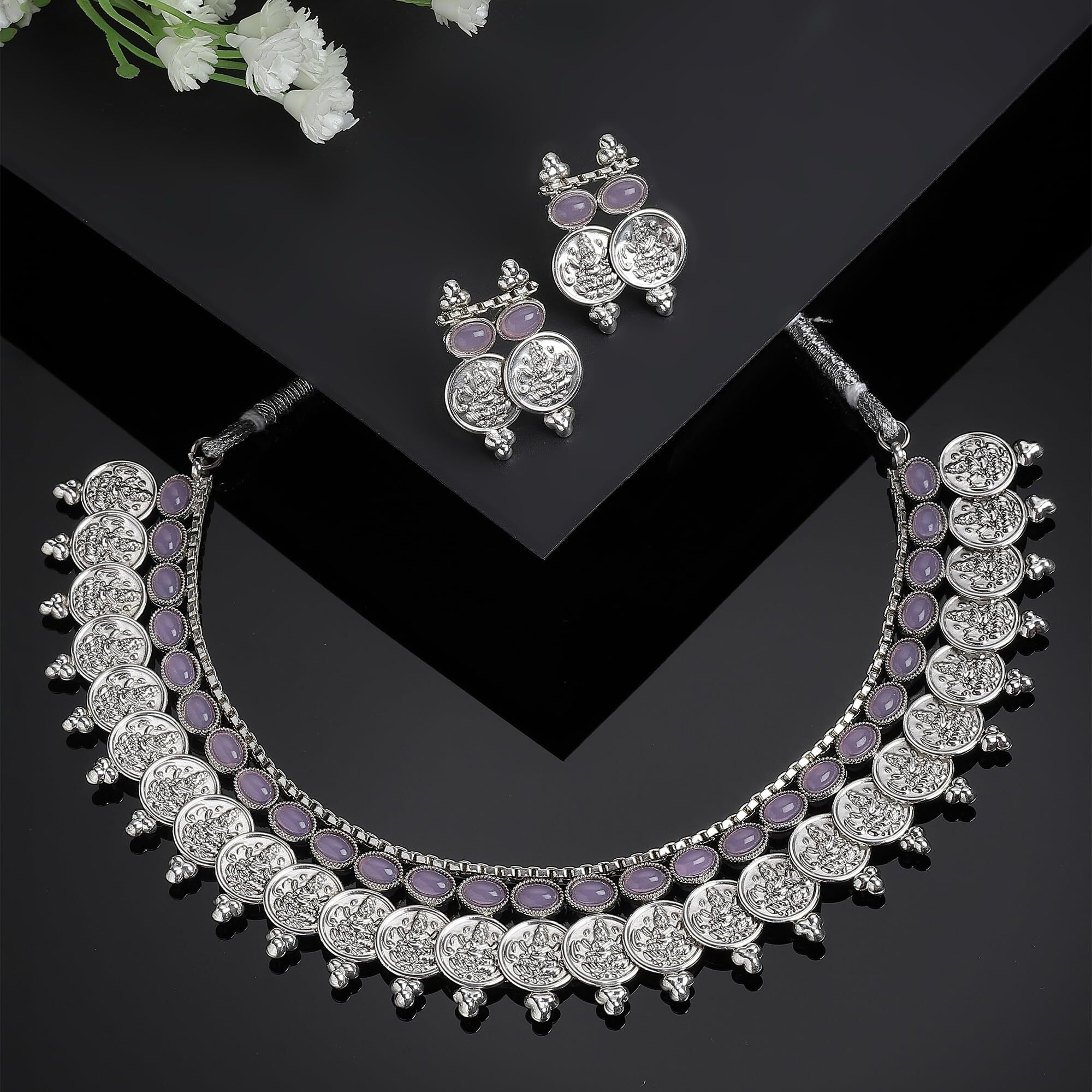 ZENEME New Antique Oxidised Silver Plated Traditional Temple Coin Red American Diamond Studded Necklace With Earrings Jewellery For Women & Girls (Pink)