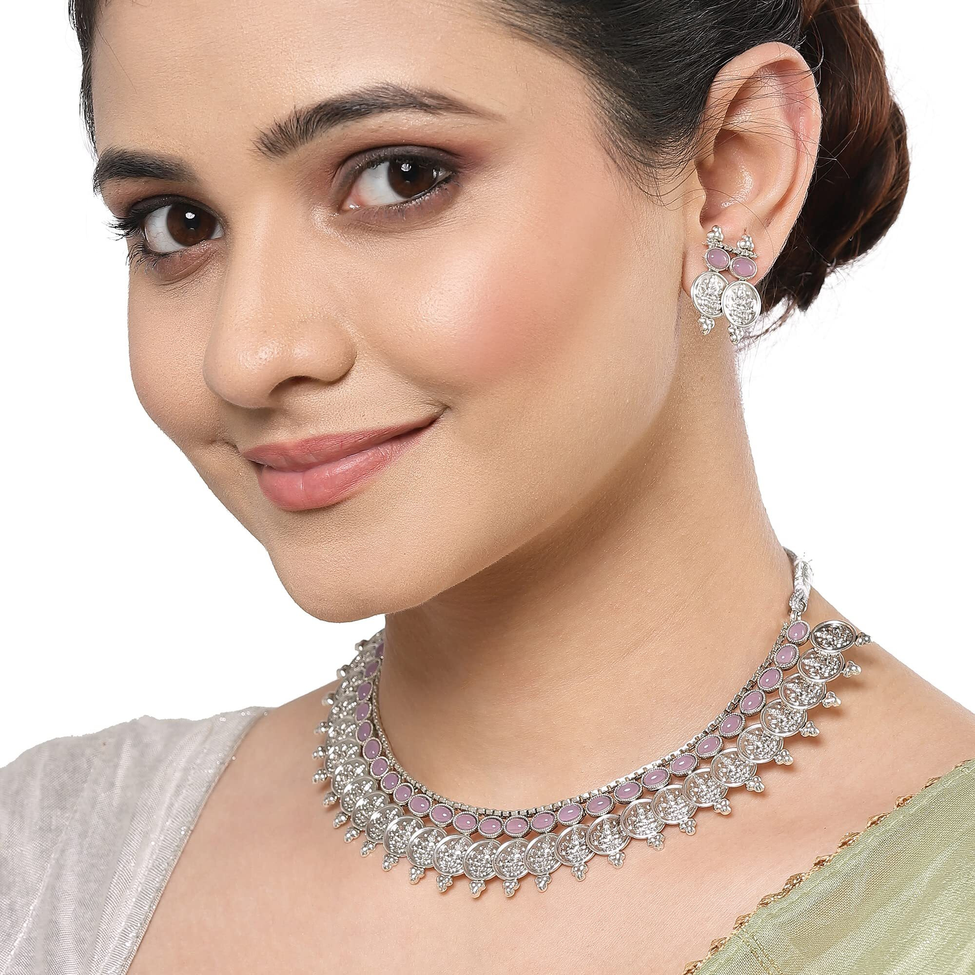 ZENEME New Antique Oxidised Silver Plated Traditional Temple Coin Red American Diamond Studded Necklace With Earrings Jewellery For Women & Girls (Pink)