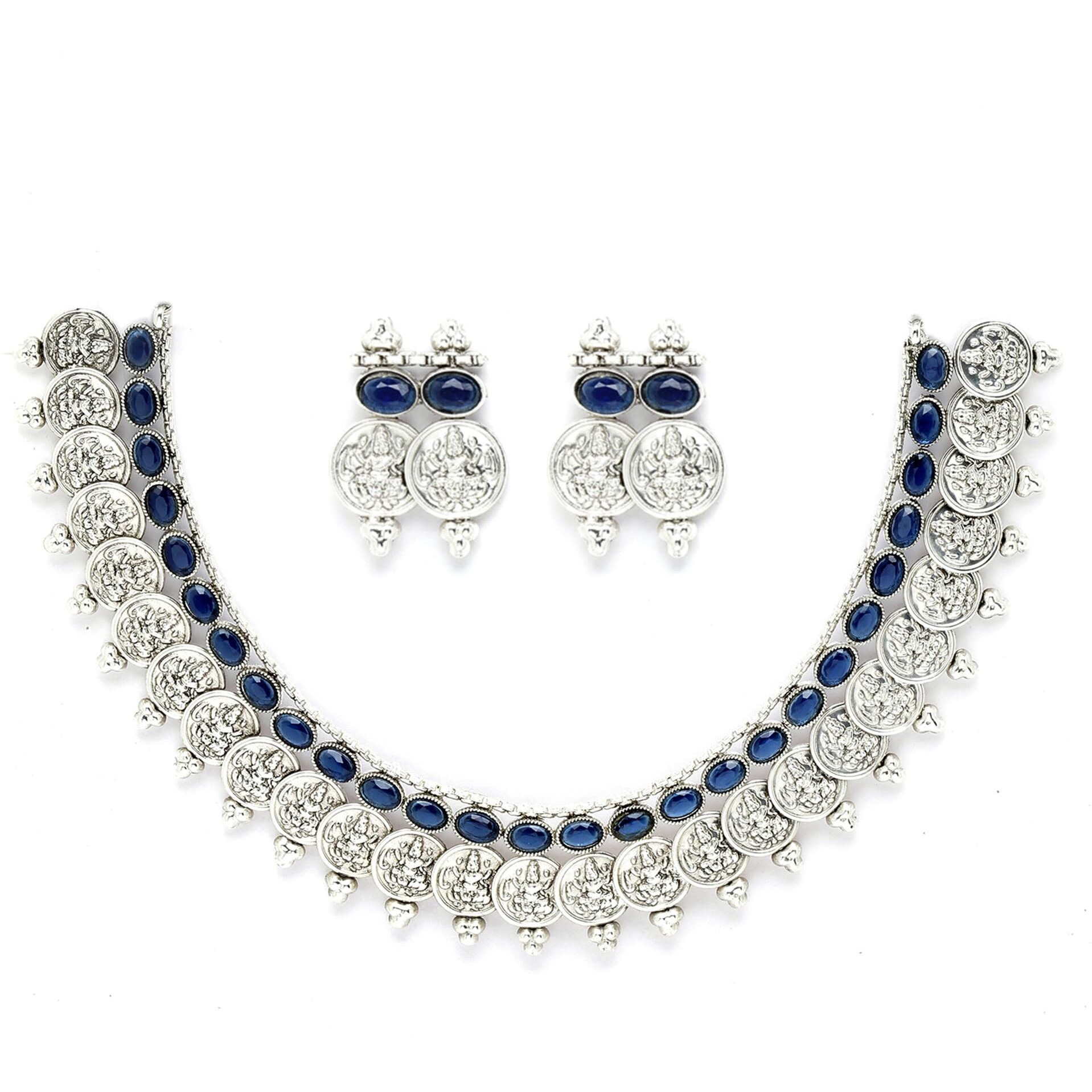 ZENEME New Antique Oxidised Silver Plated Traditional Temple Coin Red American Diamond Studded Necklace With Earrings Jewellery For Women & Girls (Blue)