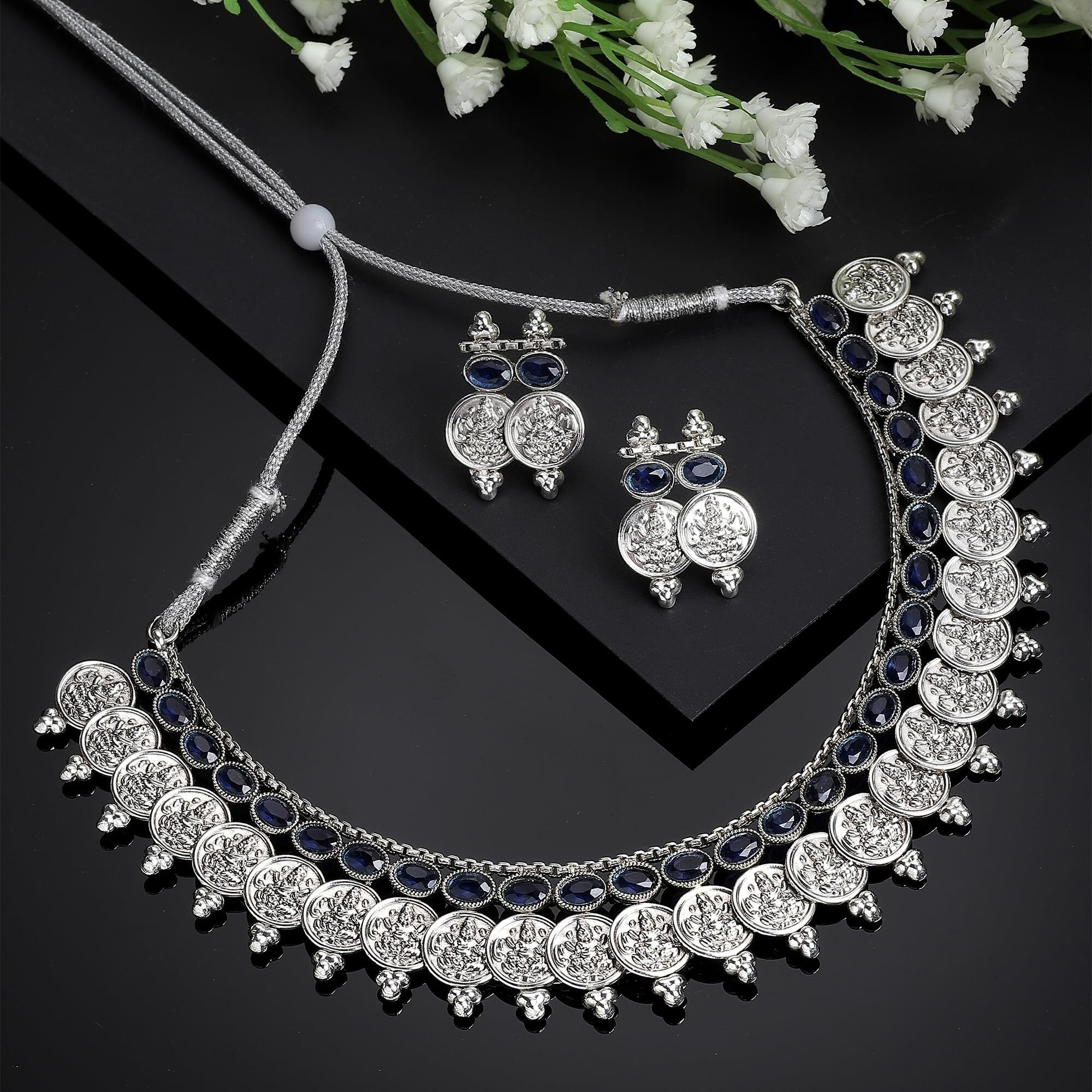 ZENEME New Antique Oxidised Silver Plated Traditional Temple Coin Red American Diamond Studded Necklace With Earrings Jewellery For Women & Girls (Blue)