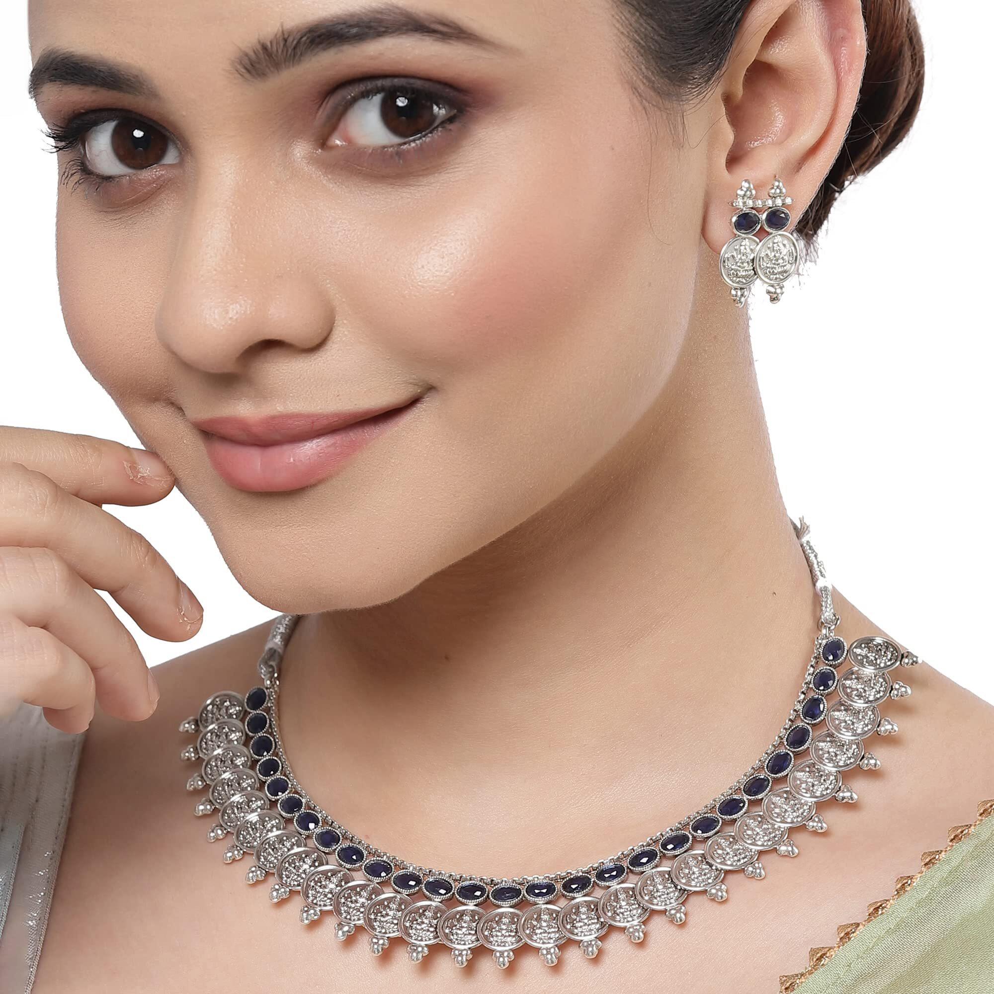 ZENEME New Antique Oxidised Silver Plated Traditional Temple Coin Red American Diamond Studded Necklace With Earrings Jewellery For Women & Girls (Blue)