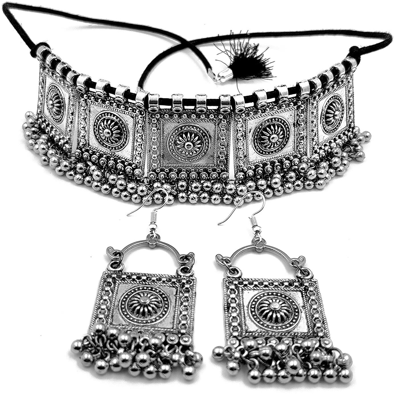 LACUM Jewellery Oxidised German Silver Brass Traditional Chocker Necklace Pendant Set With And Without Earring For Women & Girls Silver