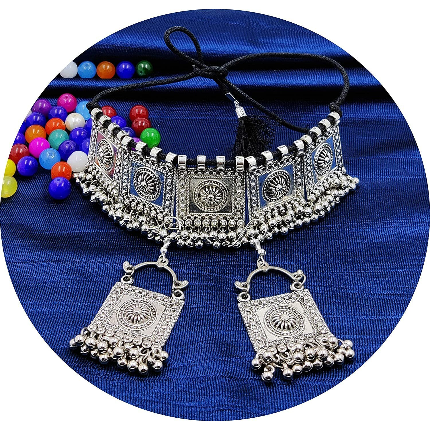 LACUM Jewellery Oxidised German Silver Brass Traditional Chocker Necklace Pendant Set With And Without Earring For Women & Girls Silver