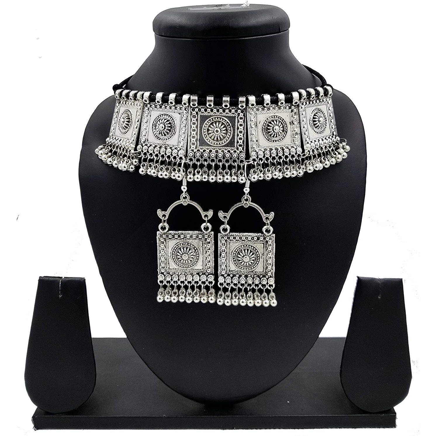 LACUM Jewellery Oxidised German Silver Brass Traditional Chocker Necklace Pendant Set With And Without Earring For Women & Girls Silver