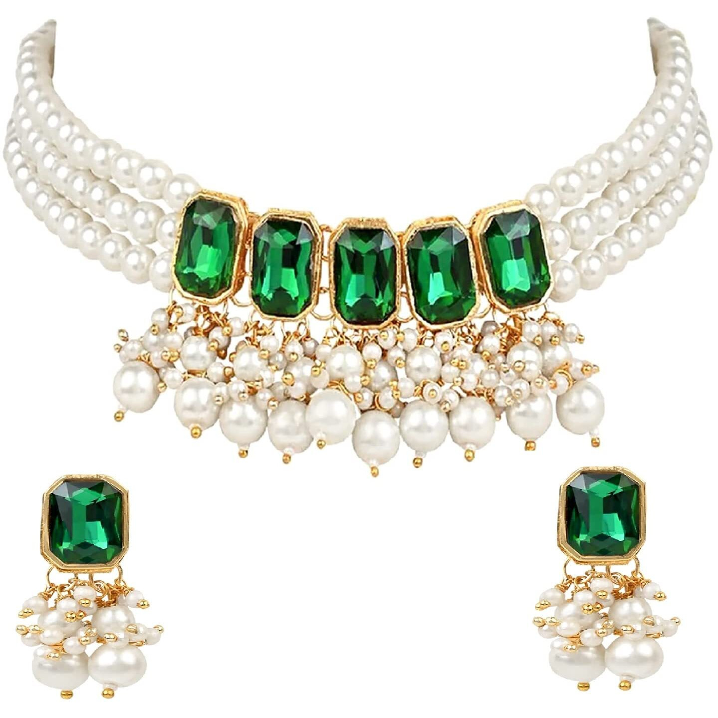 I Jewels 18K Gold Plated Traditional Green Stone Studded Multi Layered White Pearl Choker Necklace Jewellery Set with Earrings for Women And Girls (IJ355G)