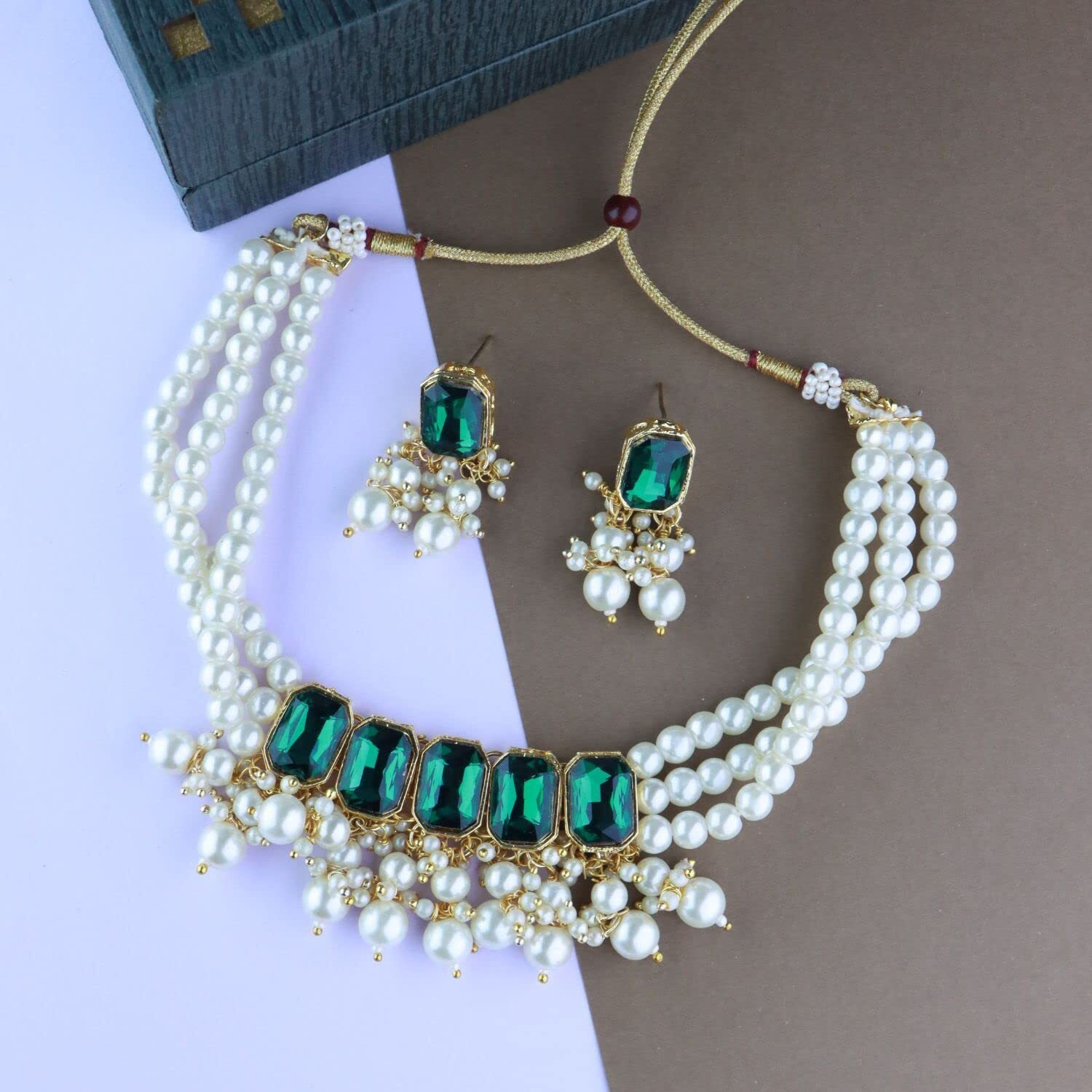 I Jewels 18K Gold Plated Traditional Green Stone Studded Multi Layered White Pearl Choker Necklace Jewellery Set with Earrings for Women And Girls (IJ355G)