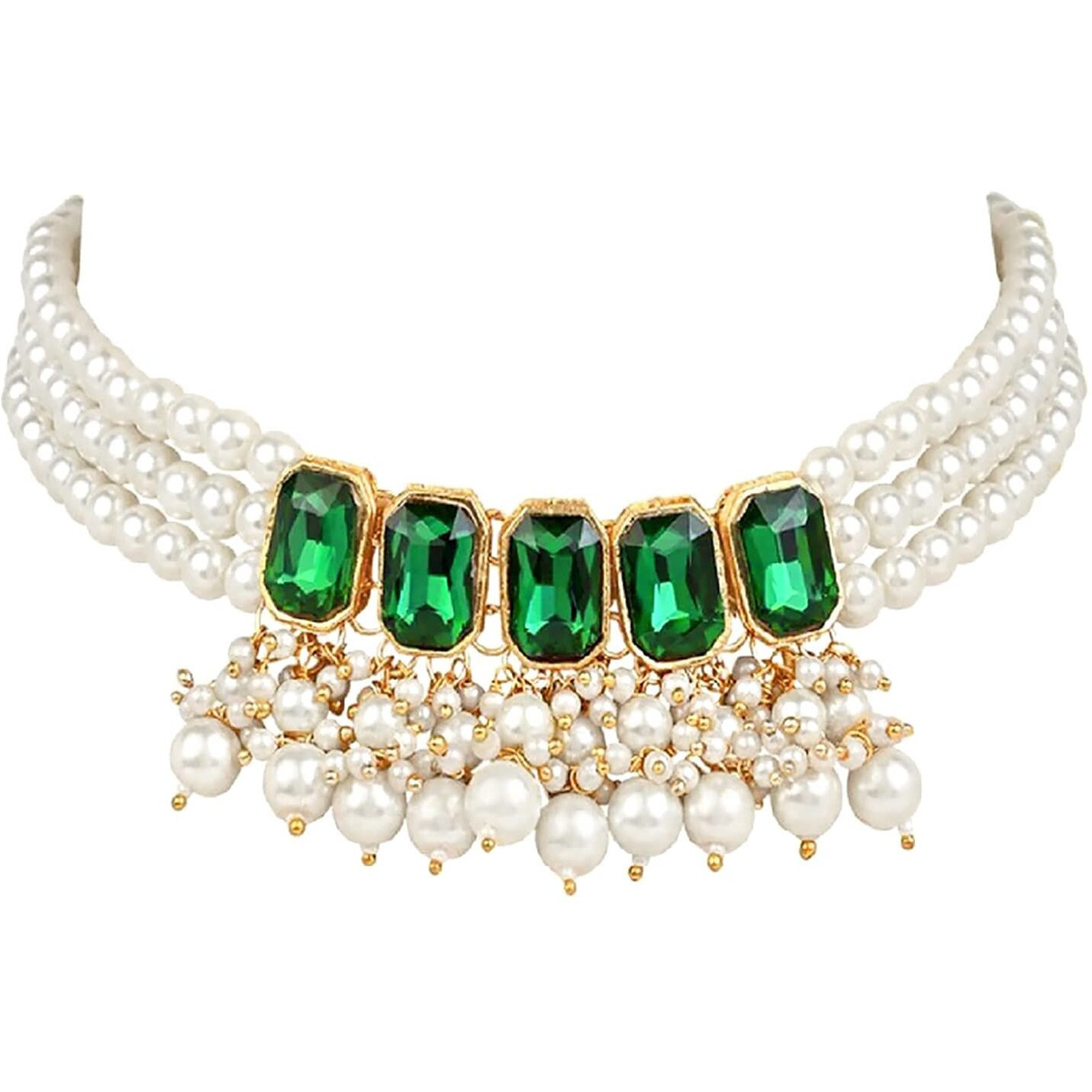 I Jewels 18K Gold Plated Traditional Green Stone Studded Multi Layered White Pearl Choker Necklace Jewellery Set with Earrings for Women And Girls (IJ355G)