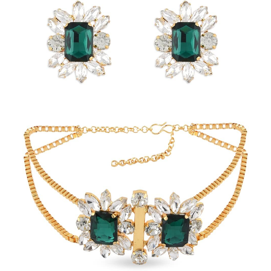 ZAVERI PEARLS Green & White Crystal Shine Stones Party Bling Contemporary Choker Necklace & Earring Set For Women-ZPFK10018