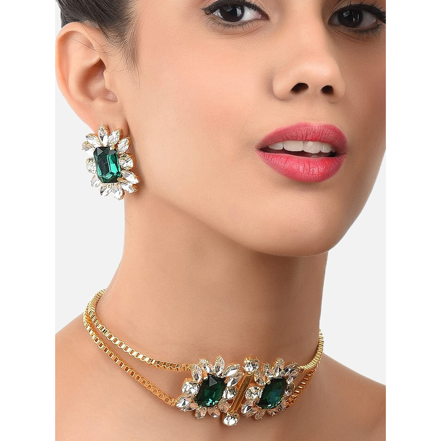 ZAVERI PEARLS Green & White Crystal Shine Stones Party Bling Contemporary Choker Necklace & Earring Set For Women-ZPFK10018