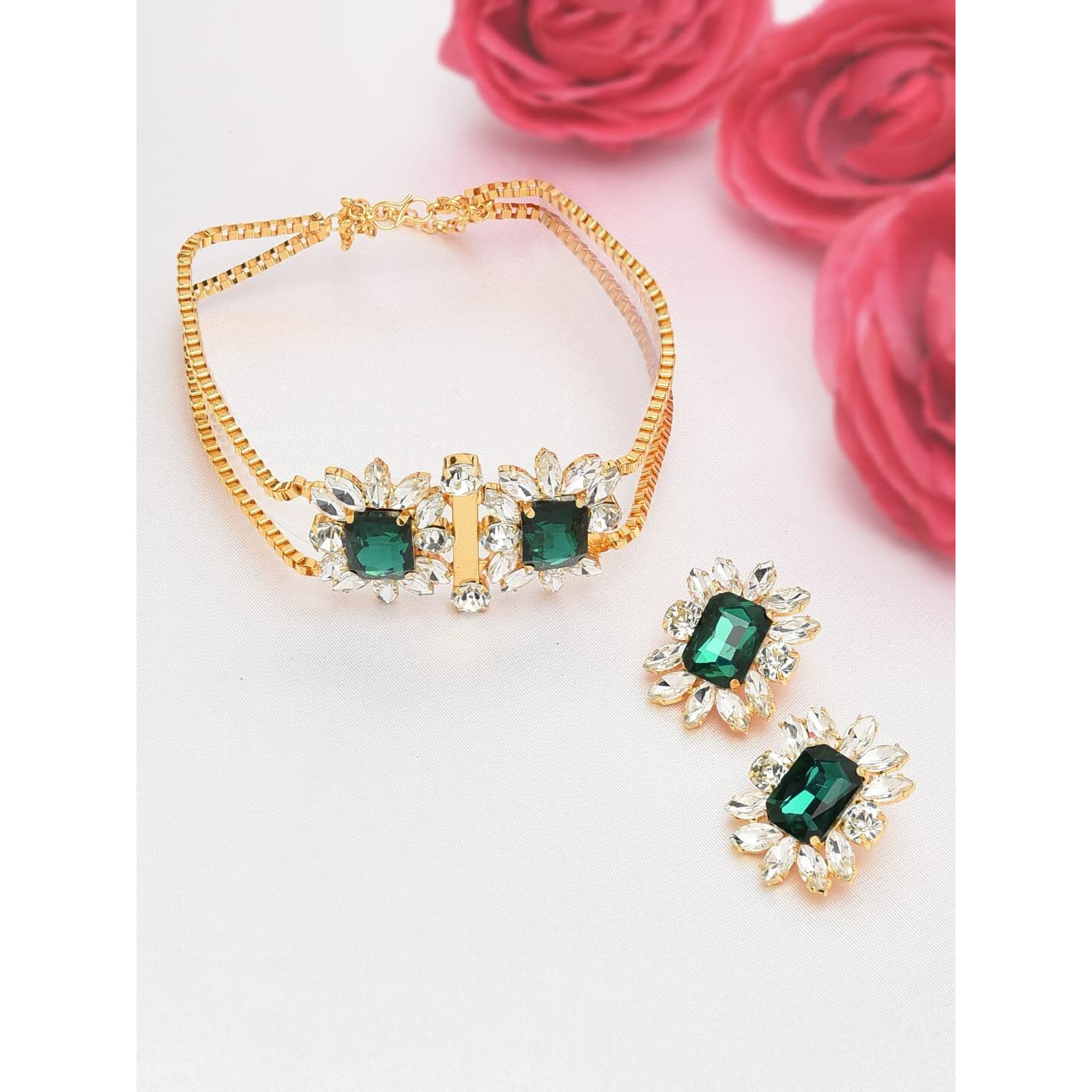 ZAVERI PEARLS Green & White Crystal Shine Stones Party Bling Contemporary Choker Necklace & Earring Set For Women-ZPFK10018