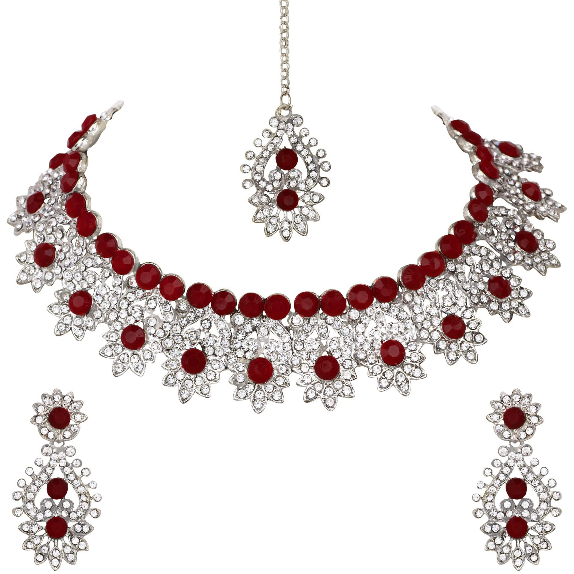 Atasi International Rhodium Plated Ruby Red Kundan Necklace Set with Earrings and Maang Tikka (MR5380) For Women
