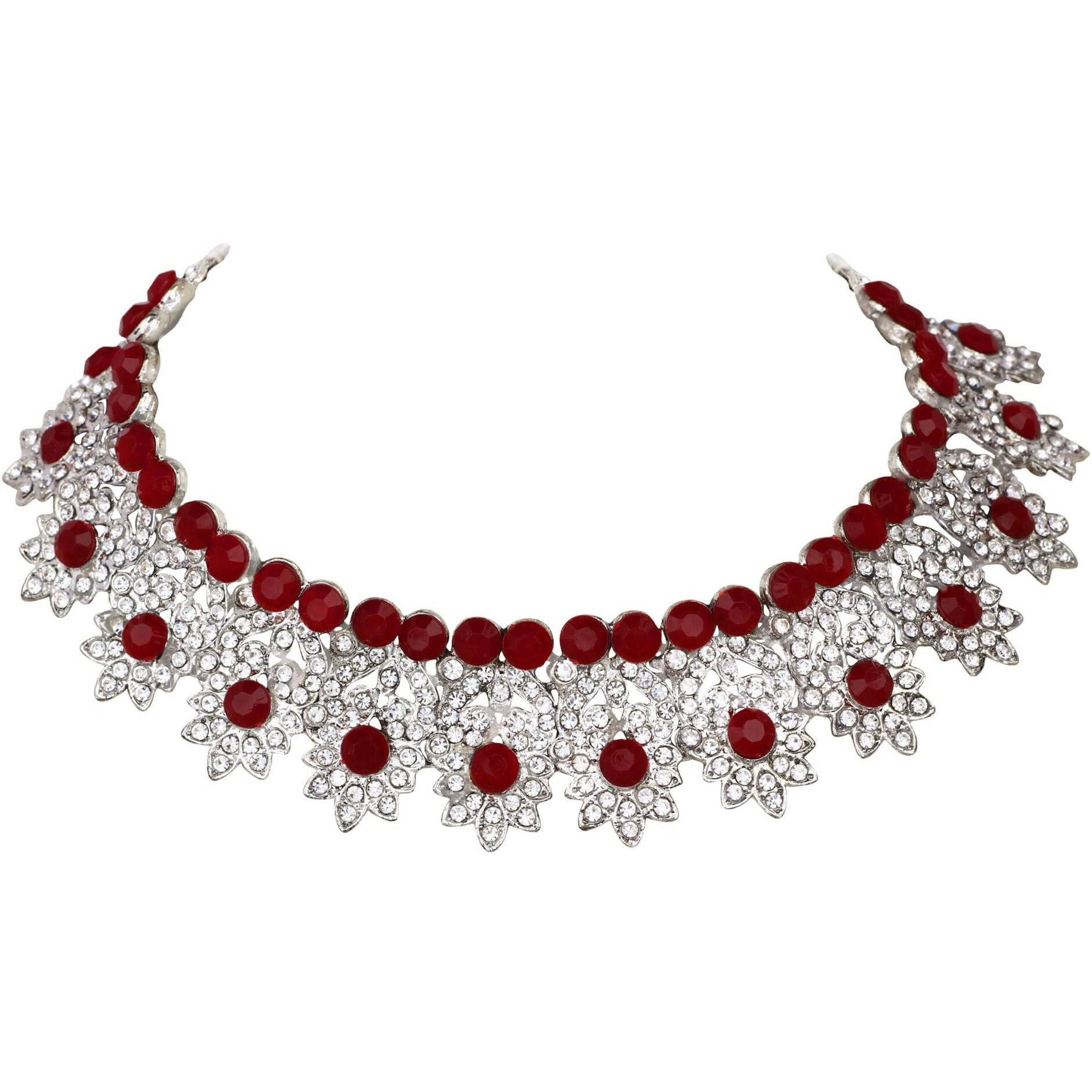 Atasi International Rhodium Plated Ruby Red Kundan Necklace Set with Earrings and Maang Tikka (MR5380) For Women