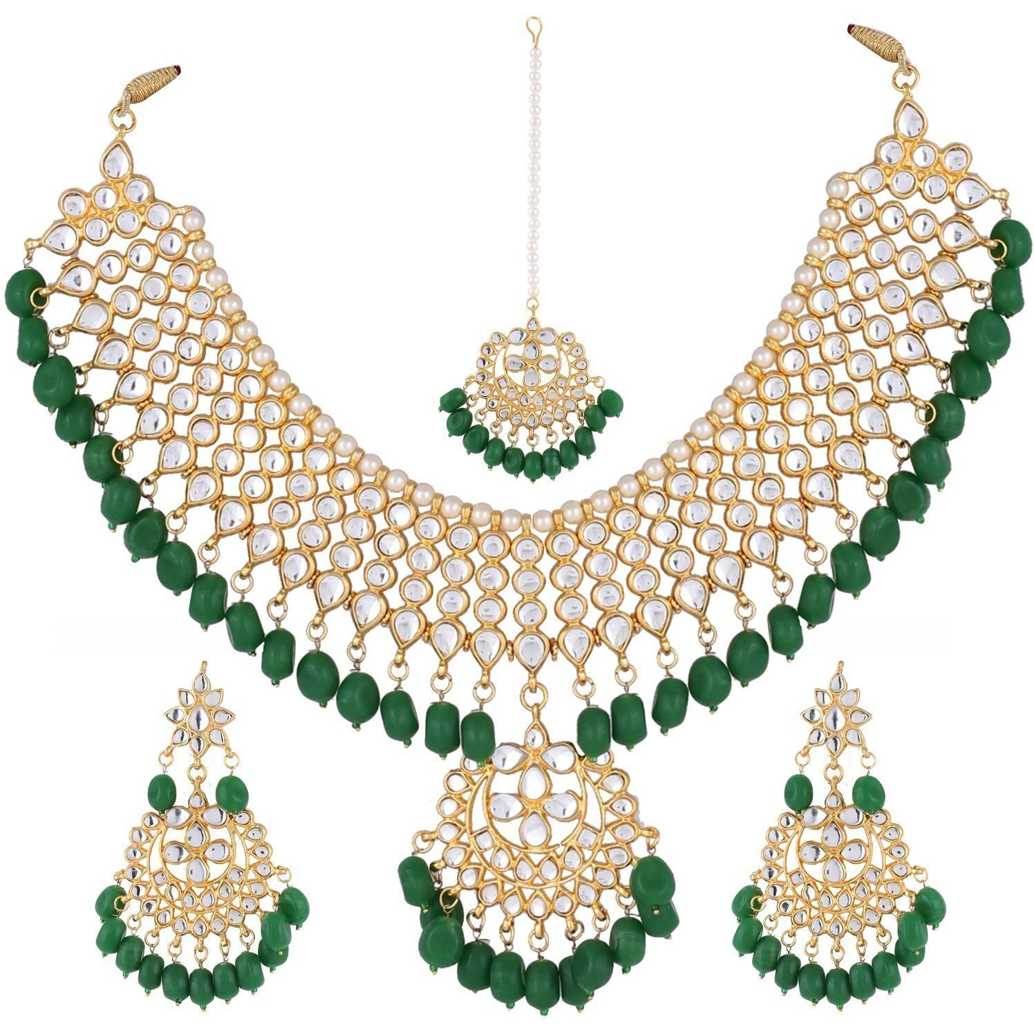 Shining Diva Jewelry Gold Plated Kundan Wear Traditional Necklace Set with Earrings for Women and Girls (Green)(9607s)