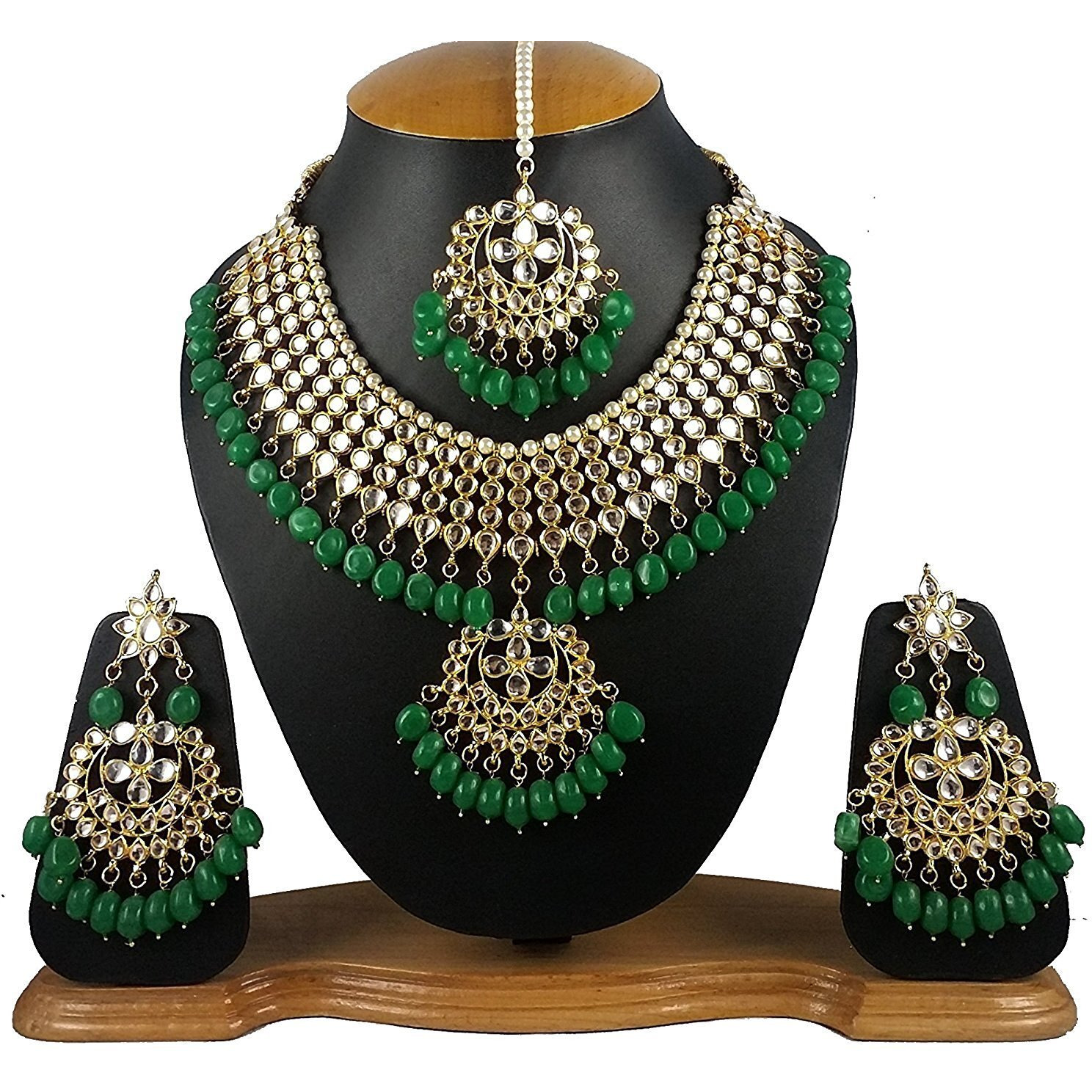 Shining Diva Jewelry Gold Plated Kundan Wear Traditional Necklace Set with Earrings for Women and Girls (Green)(9607s)