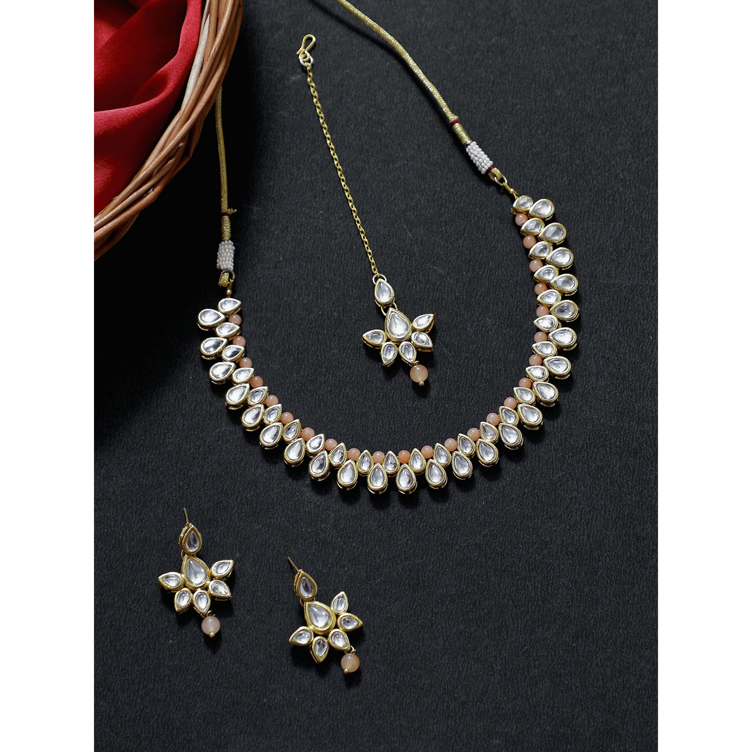 Karatcart Womens Peach Beads Studded Kundan Choker Necklace Set