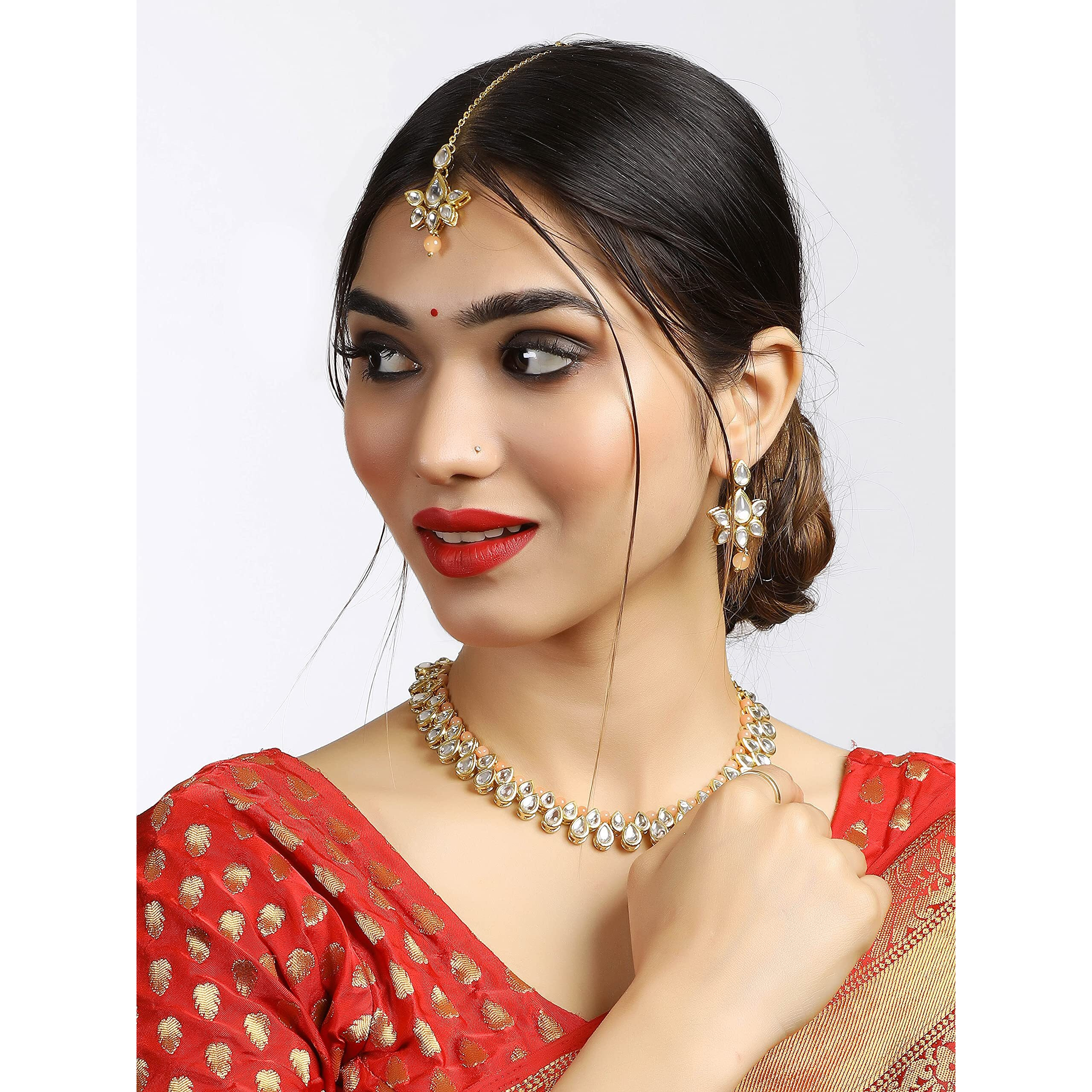 Karatcart Womens Peach Beads Studded Kundan Choker Necklace Set