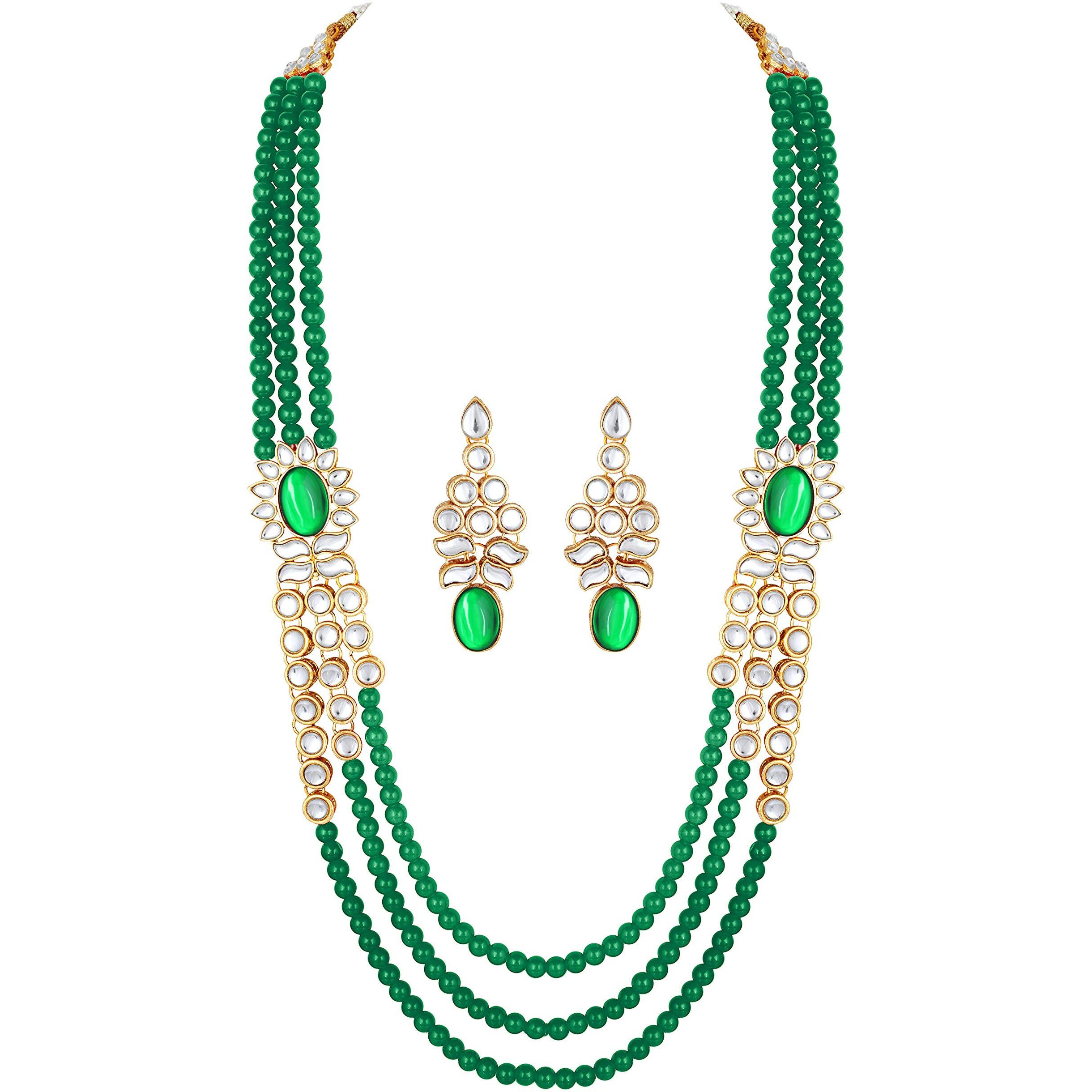 Peora 18K Gold Plated Indian Traditional Wedding Kundan Green Long Necklace Earrings with Maang Tikka Jewellery Set for Women Girls
