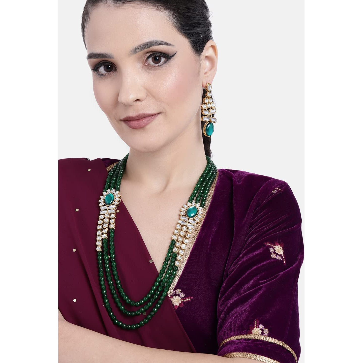 Peora 18K Gold Plated Indian Traditional Wedding Kundan Green Long Necklace Earrings with Maang Tikka Jewellery Set for Women Girls