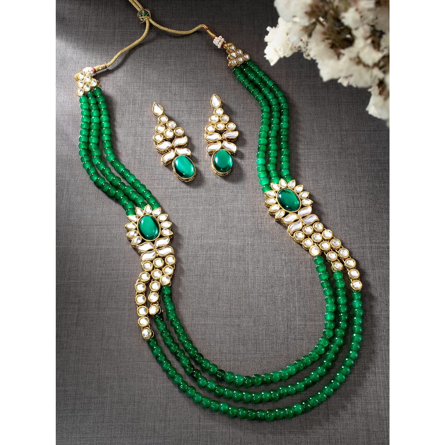 Peora 18K Gold Plated Indian Traditional Wedding Kundan Green Long Necklace Earrings with Maang Tikka Jewellery Set for Women Girls