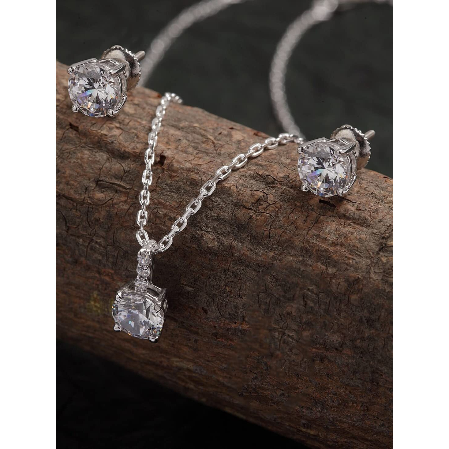 Clara 925 Sterling Silver Round Solitaire Pendant Earring Chain Jewellery Set | Rhodium Plated, Swiss Zirconia | Gift for Women & Girls
