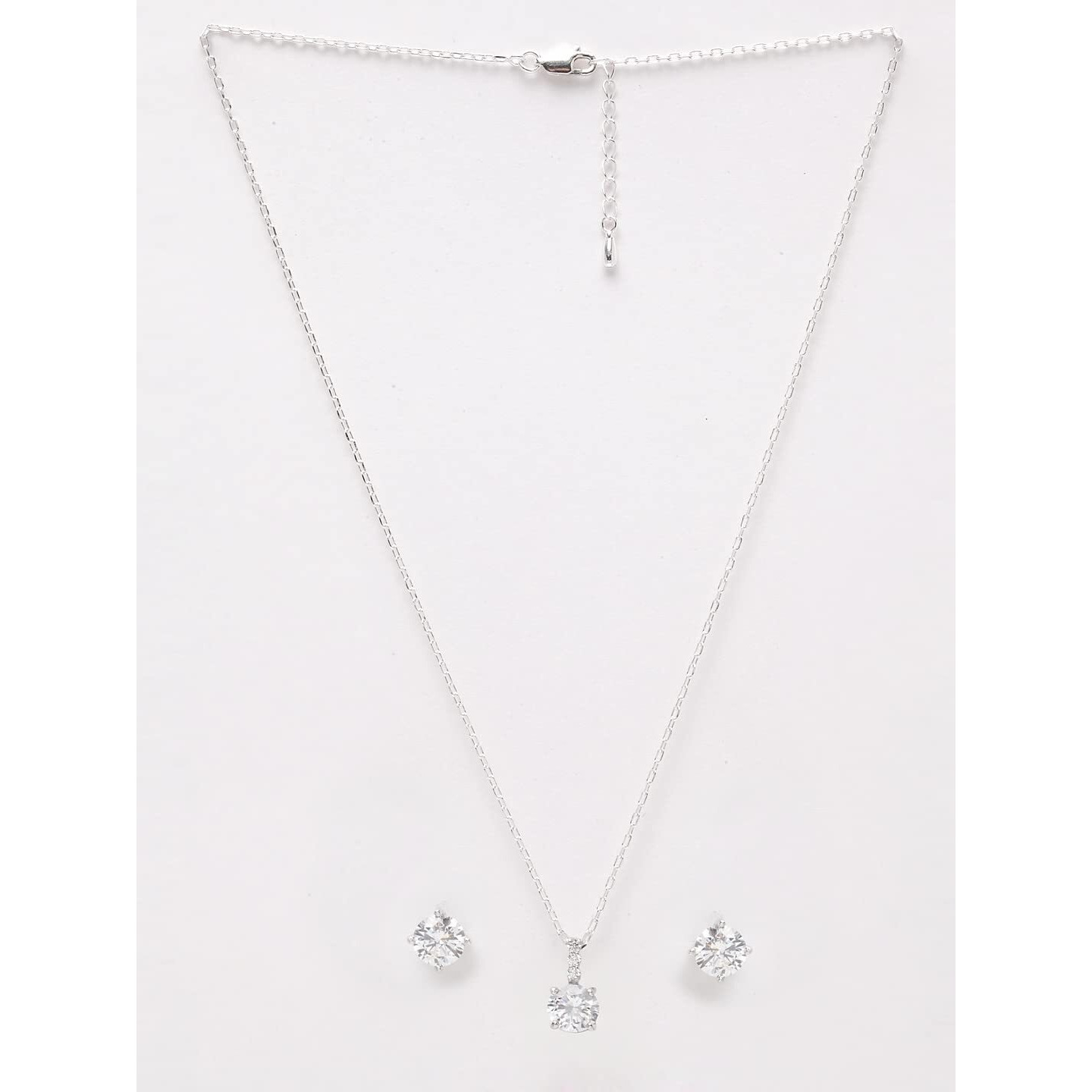 Clara 925 Sterling Silver Round Solitaire Pendant Earring Chain Jewellery Set | Rhodium Plated, Swiss Zirconia | Gift for Women & Girls