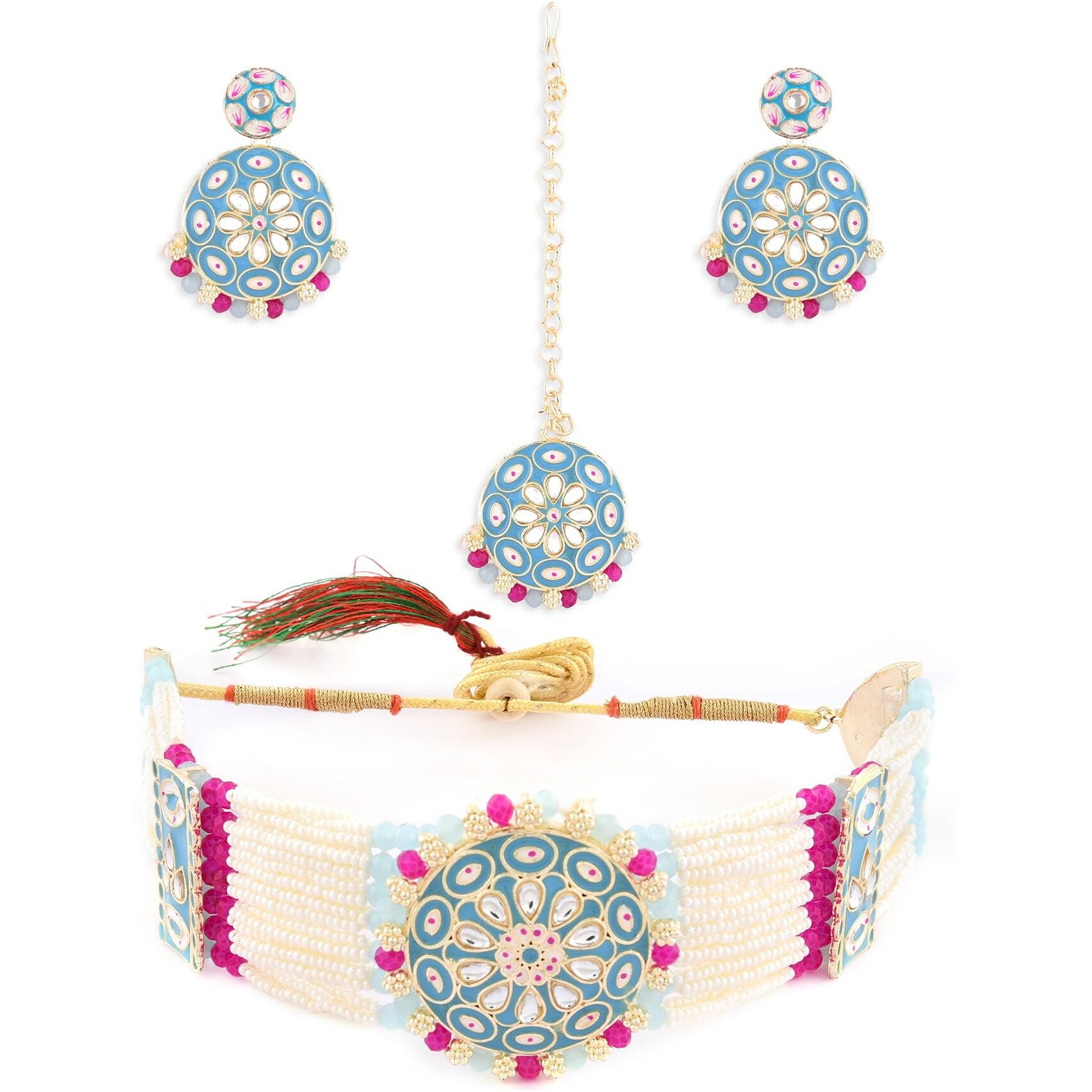 ZAVERI PEARLS Turquoise Blue Meenakari & Pink Crystals Multistrand Kundan Choker Necklace Earring & Maangtikka Set For Women-ZPFK14721