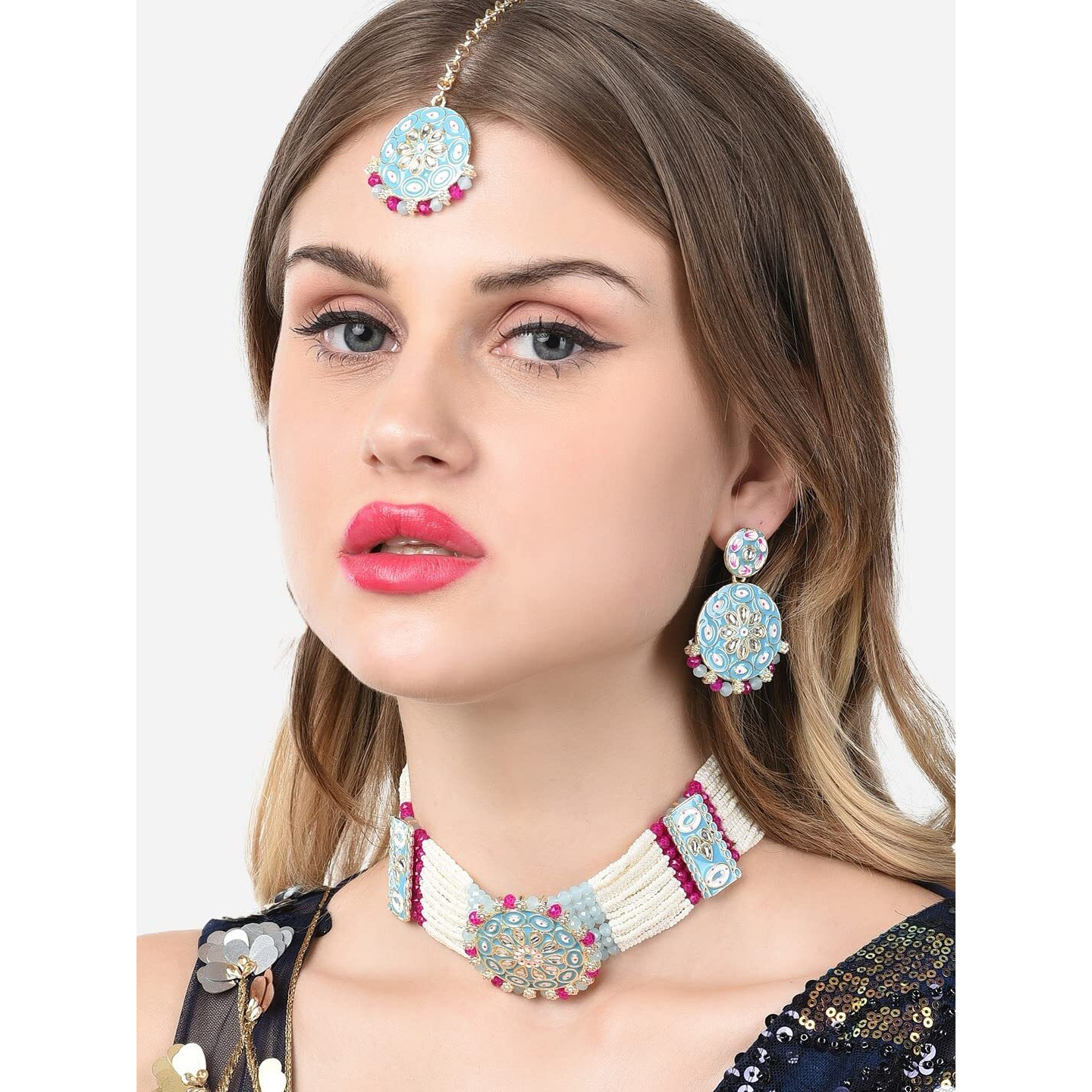ZAVERI PEARLS Turquoise Blue Meenakari & Pink Crystals Multistrand Kundan Choker Necklace Earring & Maangtikka Set For Women-ZPFK14721