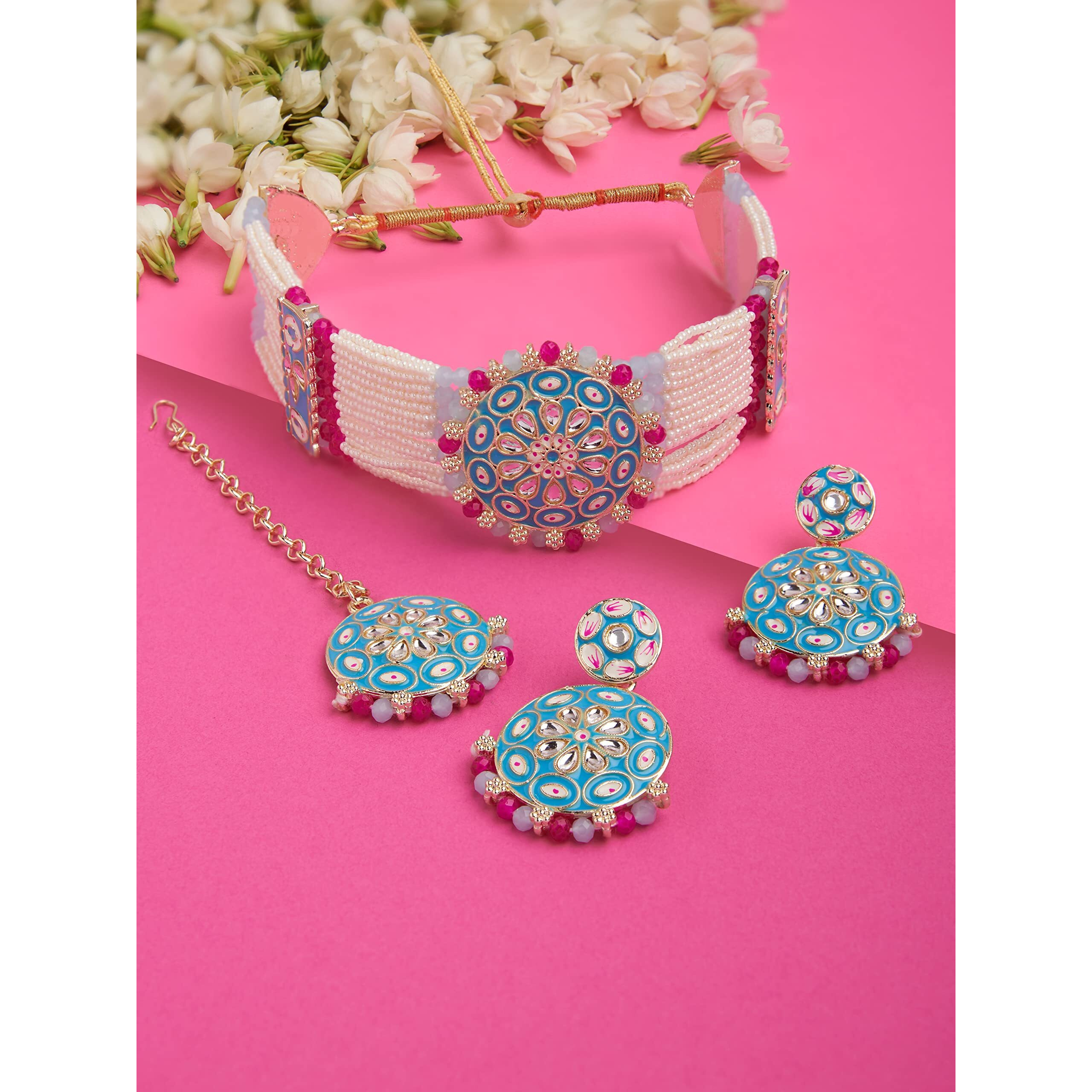ZAVERI PEARLS Turquoise Blue Meenakari & Pink Crystals Multistrand Kundan Choker Necklace Earring & Maangtikka Set For Women-ZPFK14721
