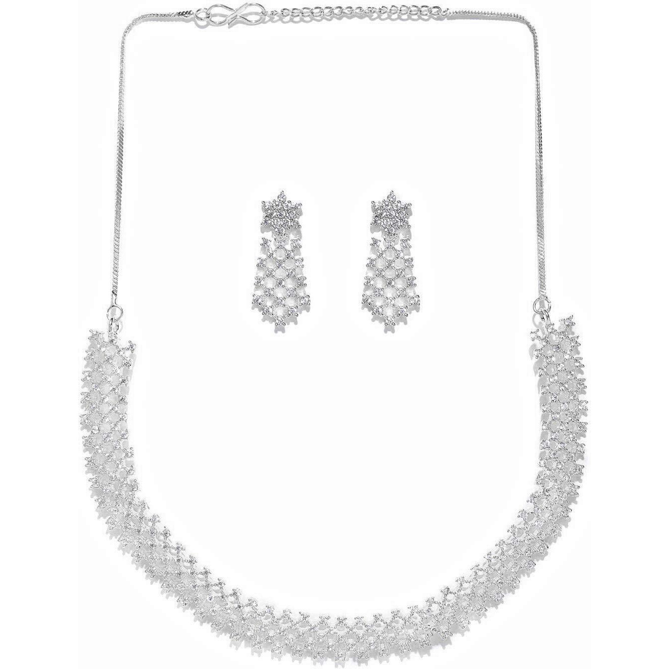 Priyaasi Elegant American Diamond Silver Jewellery Set for Girls (Plated) | Necklace and Drop Earrings Jewellery Set for Women | Fancy AD Collection