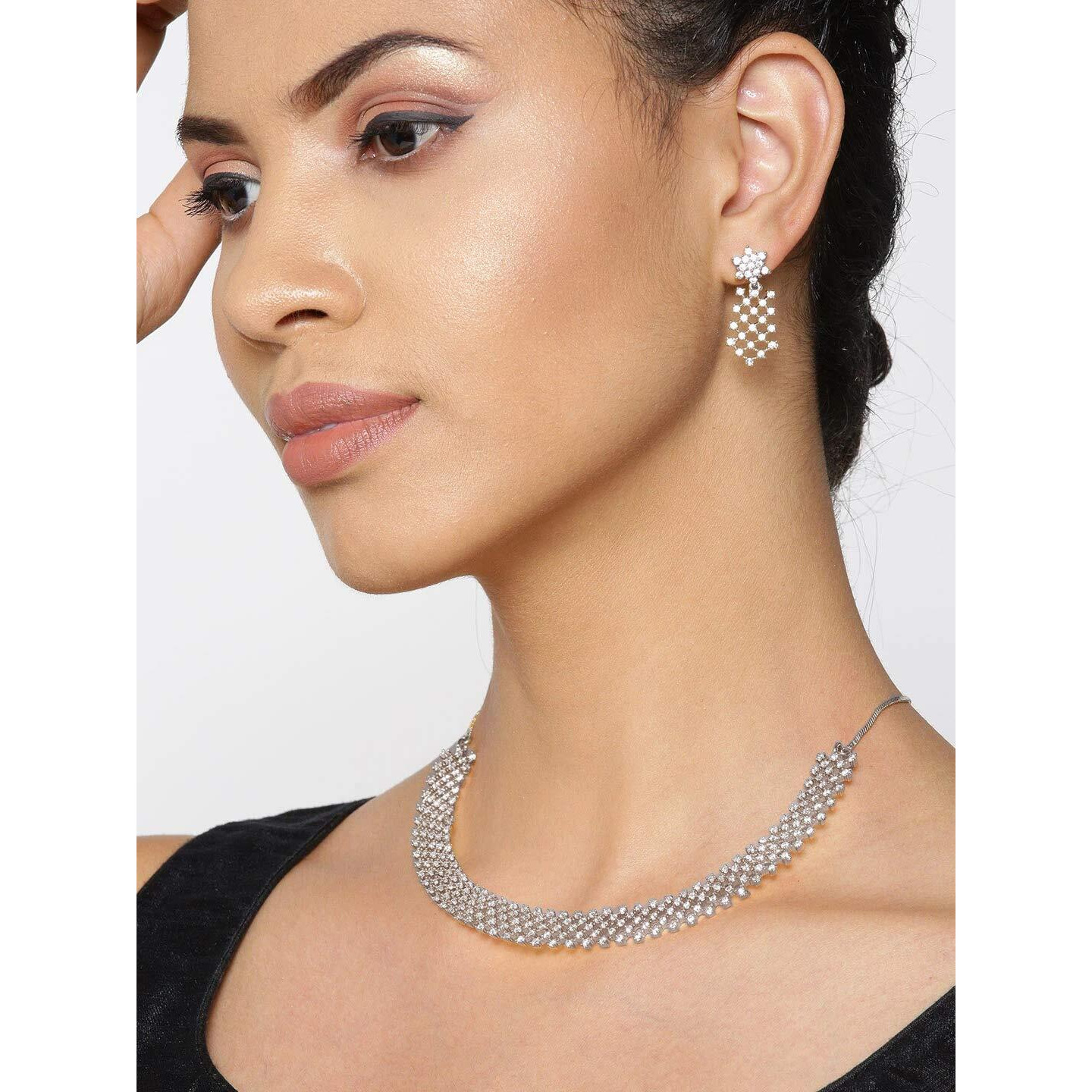 Priyaasi Elegant American Diamond Silver Jewellery Set for Girls (Plated) | Necklace and Drop Earrings Jewellery Set for Women | Fancy AD Collection