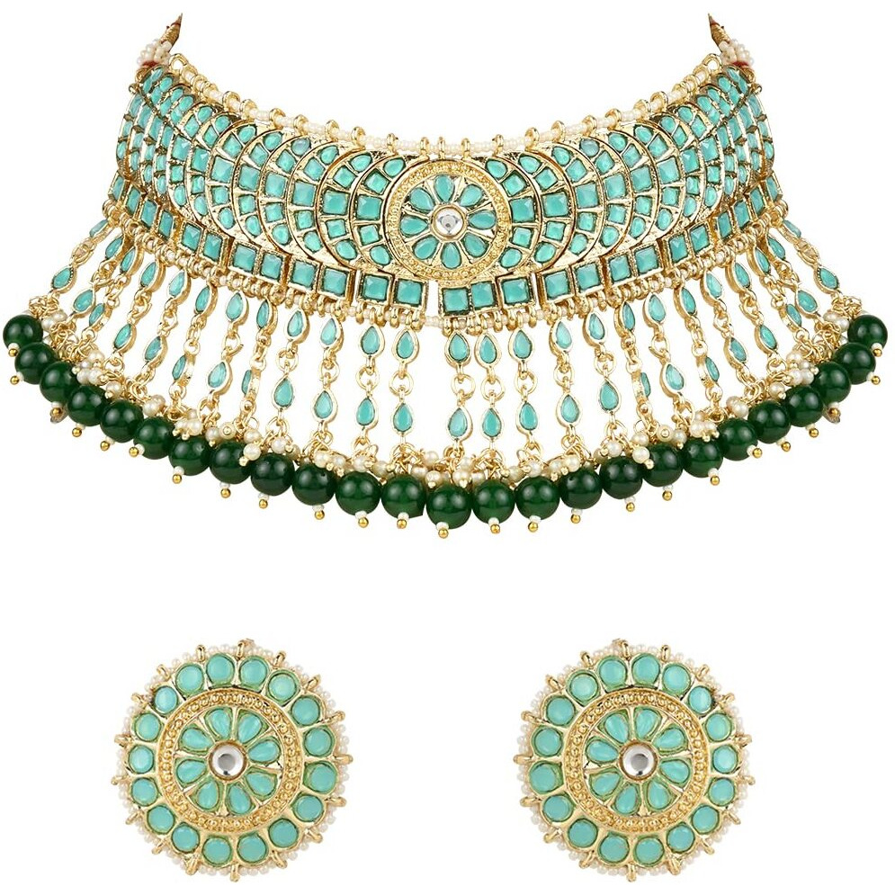 I Jewels 18K Gold Plated Traditional Kundan & Pearl Studded Choker Necklace Set For Women/Girls (K7210) (Turquois)