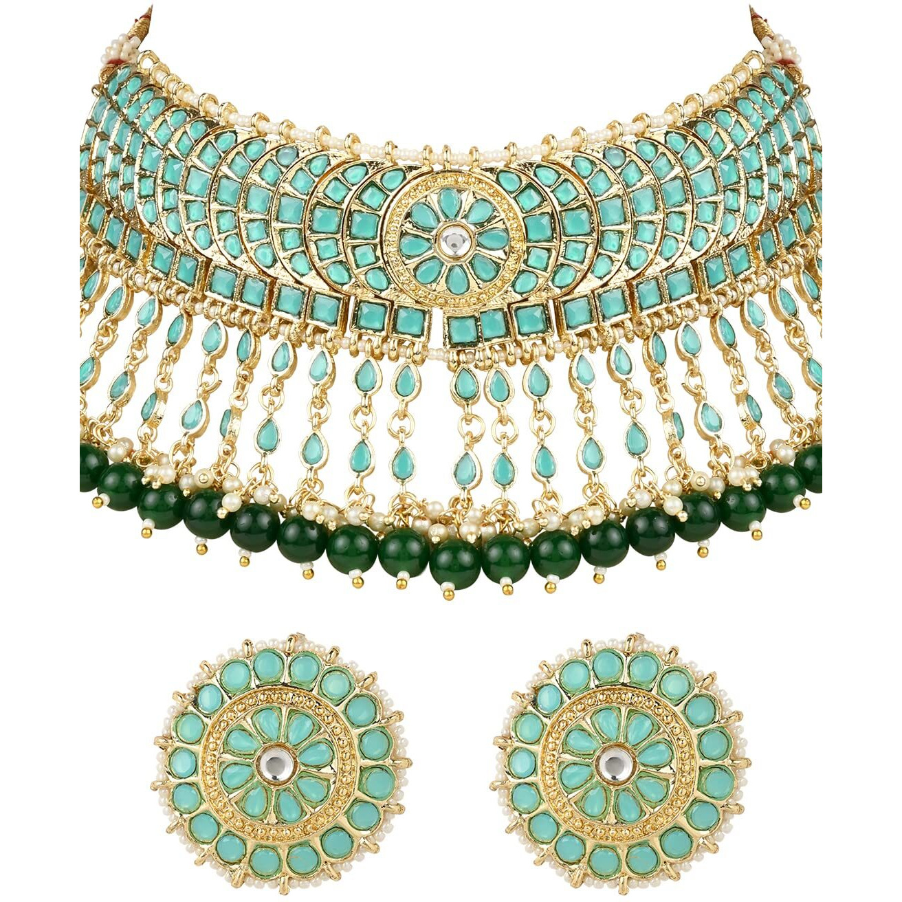 I Jewels 18K Gold Plated Traditional Kundan & Pearl Studded Choker Necklace Set For Women/Girls (K7210) (Turquois)