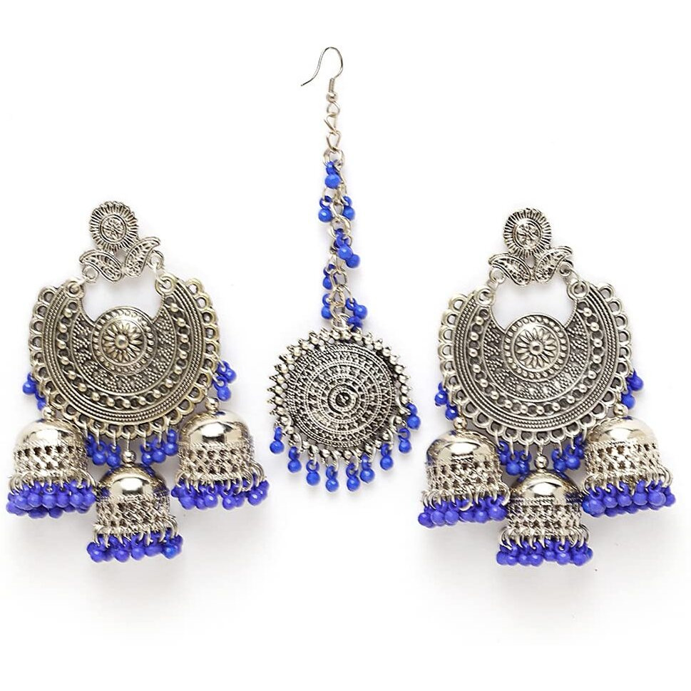Shining Diva Fashion Latest Oxidised Silver Antique Design Stylish Traditional Maang Tikka Jhumka Earrings Jewellery Set for Women (Blue) (12030s)