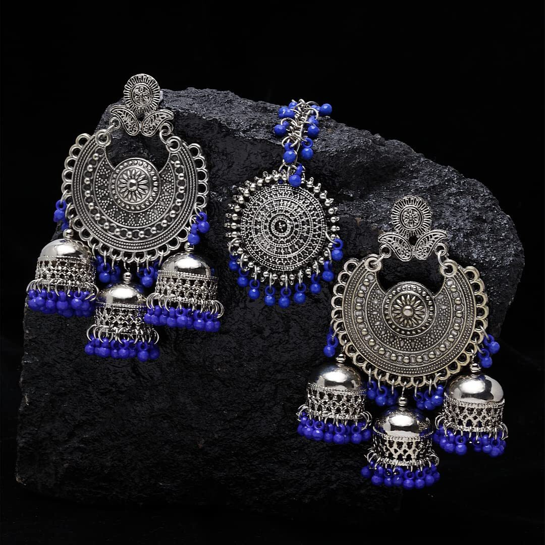 Shining Diva Fashion Latest Oxidised Silver Antique Design Stylish Traditional Maang Tikka Jhumka Earrings Jewellery Set for Women (Blue) (12030s)