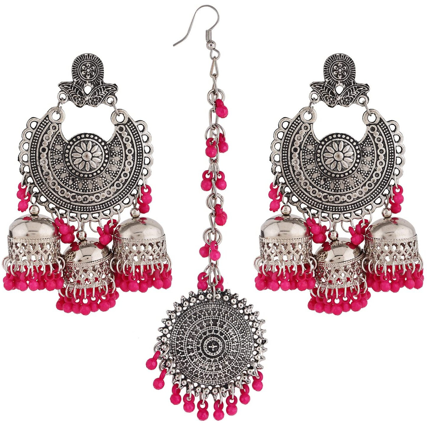 Shining Diva Fashion Latest Oxidised Silver Antique Design Stylish Traditional Maang Tikka Jhumka Earrings Jewellery Set for Women (Pink) (12031s)