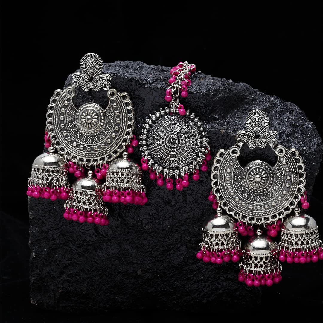 Shining Diva Fashion Latest Oxidised Silver Antique Design Stylish Traditional Maang Tikka Jhumka Earrings Jewellery Set for Women (Pink) (12031s)