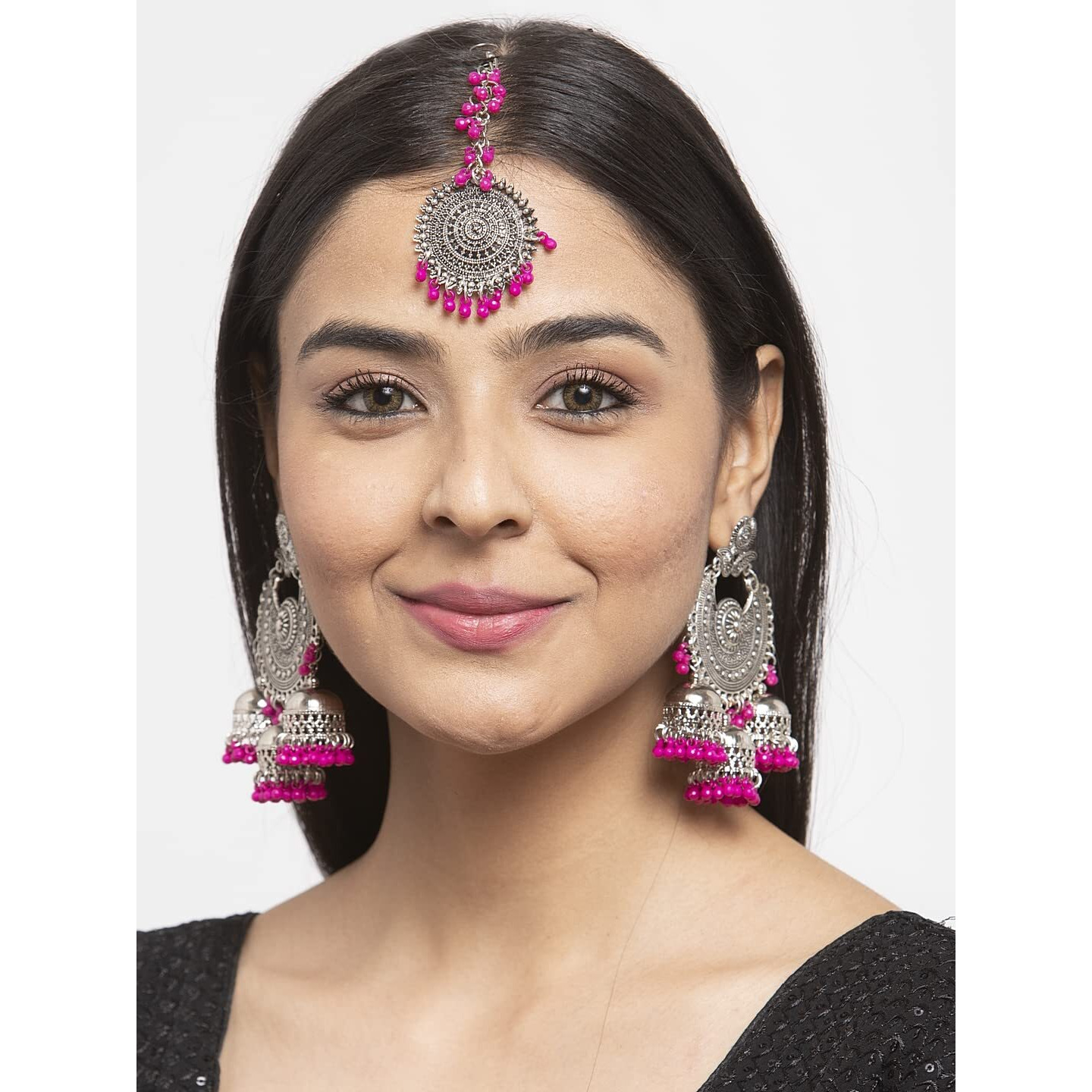 Shining Diva Fashion Latest Oxidised Silver Antique Design Stylish Traditional Maang Tikka Jhumka Earrings Jewellery Set for Women (Pink) (12031s)