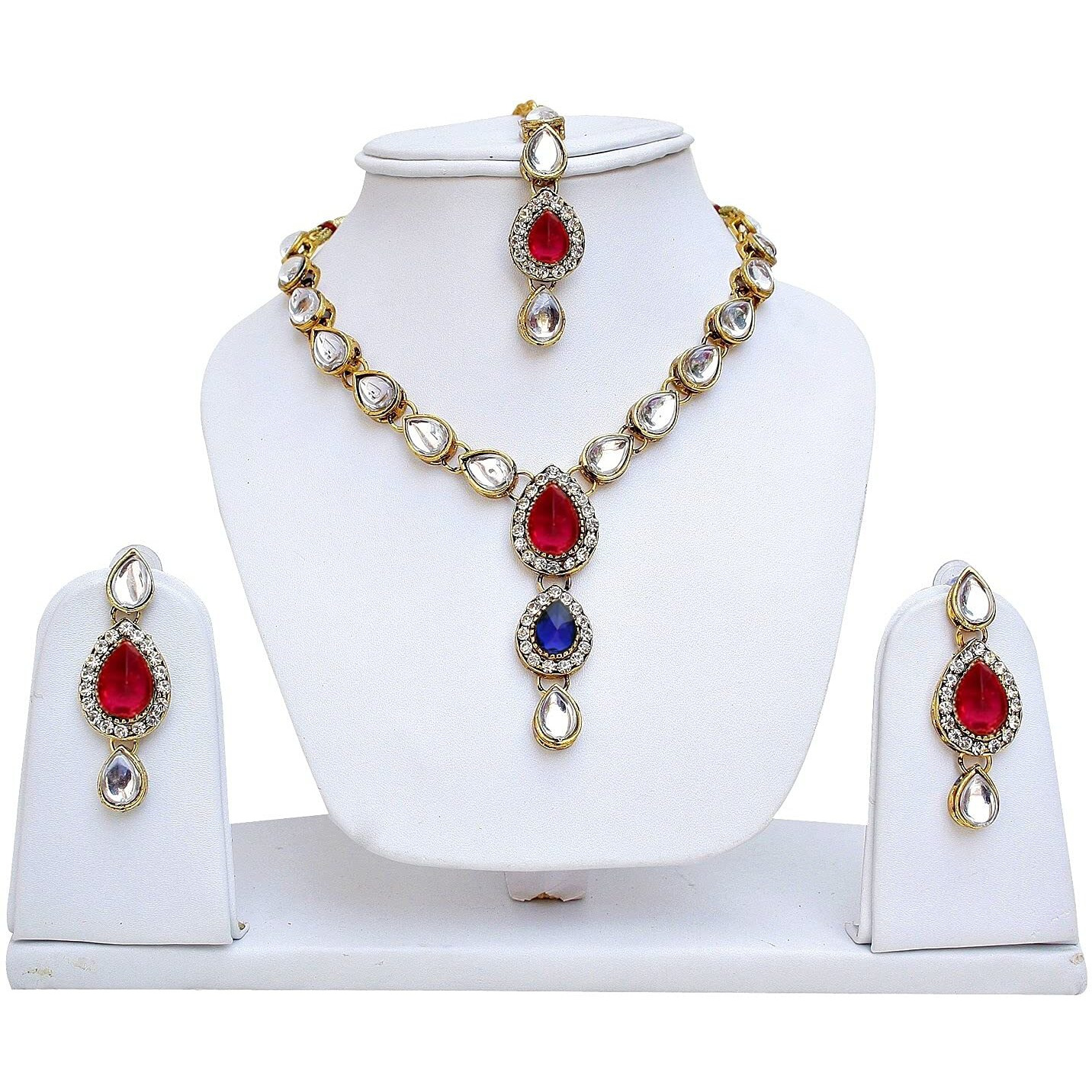 Lucky Jewellery 1-Line Magenta Blue Colour Kundan Set (MSK-1-LINE-RB)
