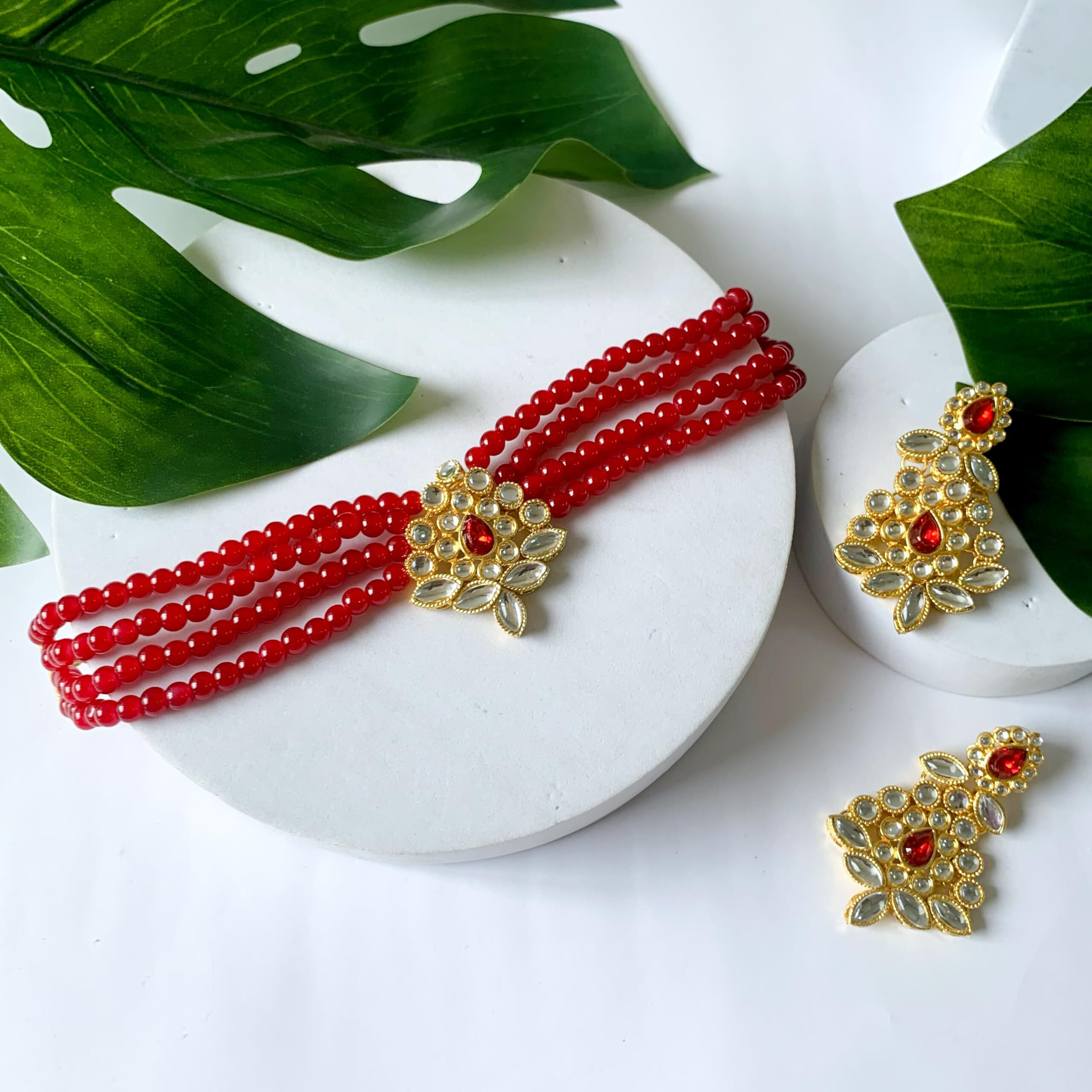 I Jewels Gold Plated Traditional Kundan with Beads Choker Necklace Jewellery Set for Women/Girls (ML26) (Style 2)