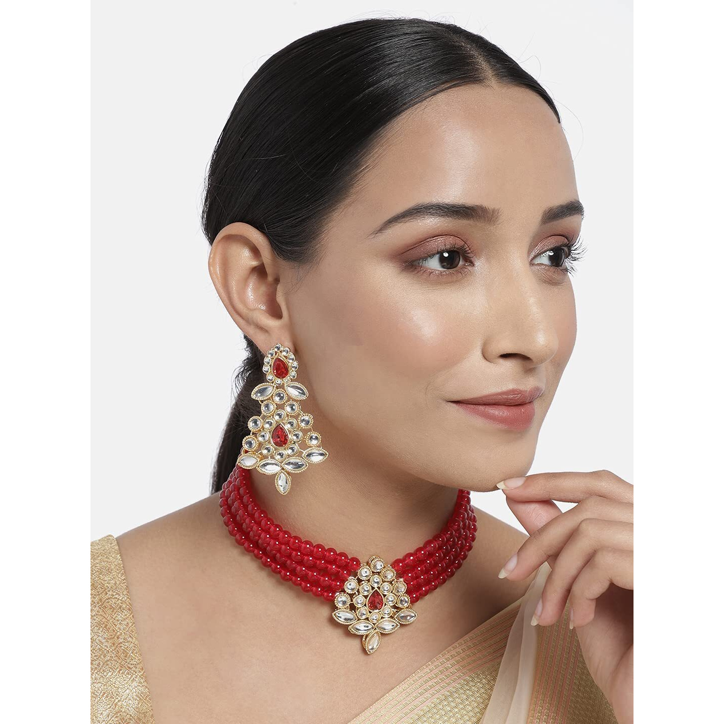 I Jewels Gold Plated Traditional Kundan with Beads Choker Necklace Jewellery Set for Women/Girls (ML26) (Style 2)