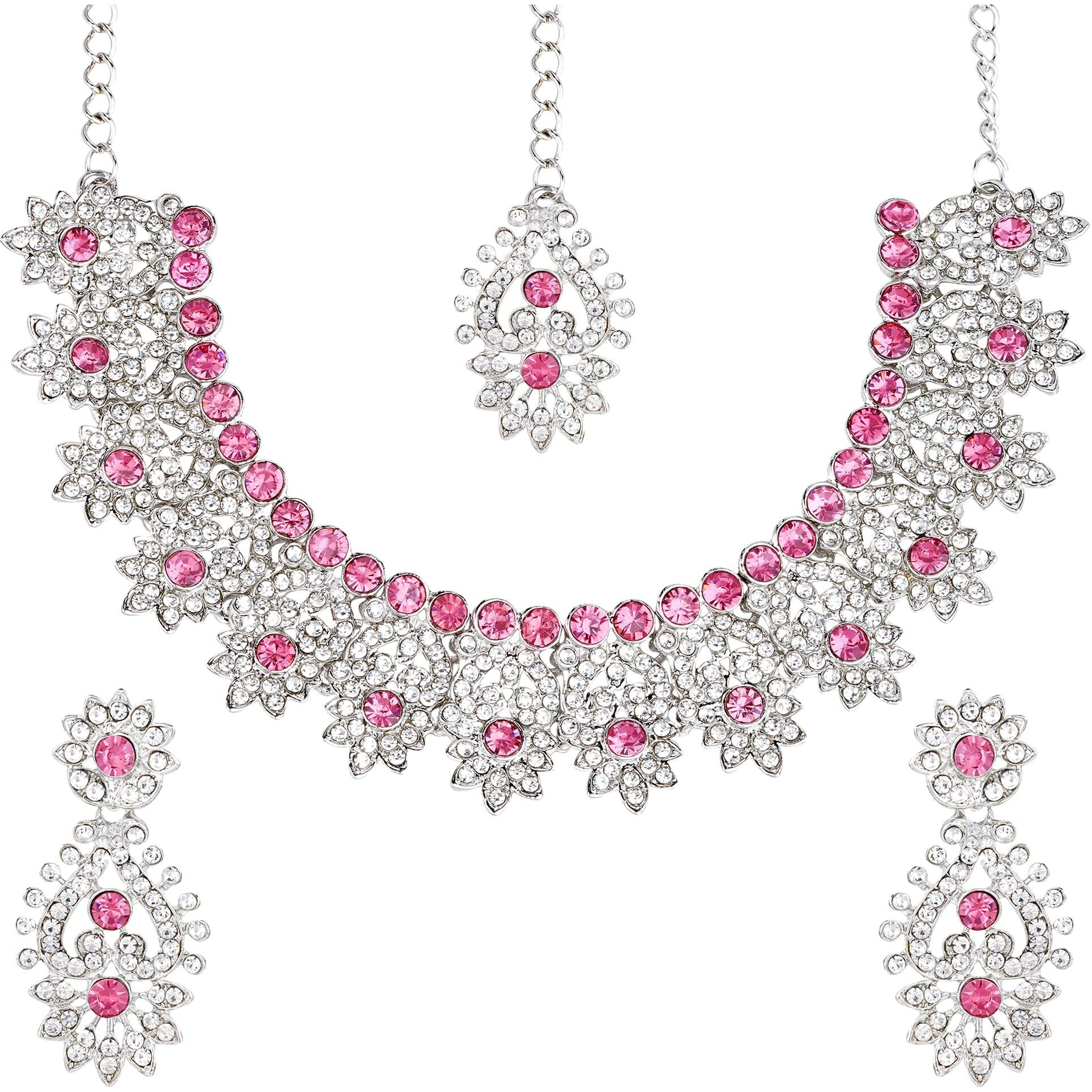 Atasi International Silver Plated Pink Crystal AD Necklace Set with Earrings and Maang Tikka, Suitable for Bridal, Wedding, Party (RP5380) For Women