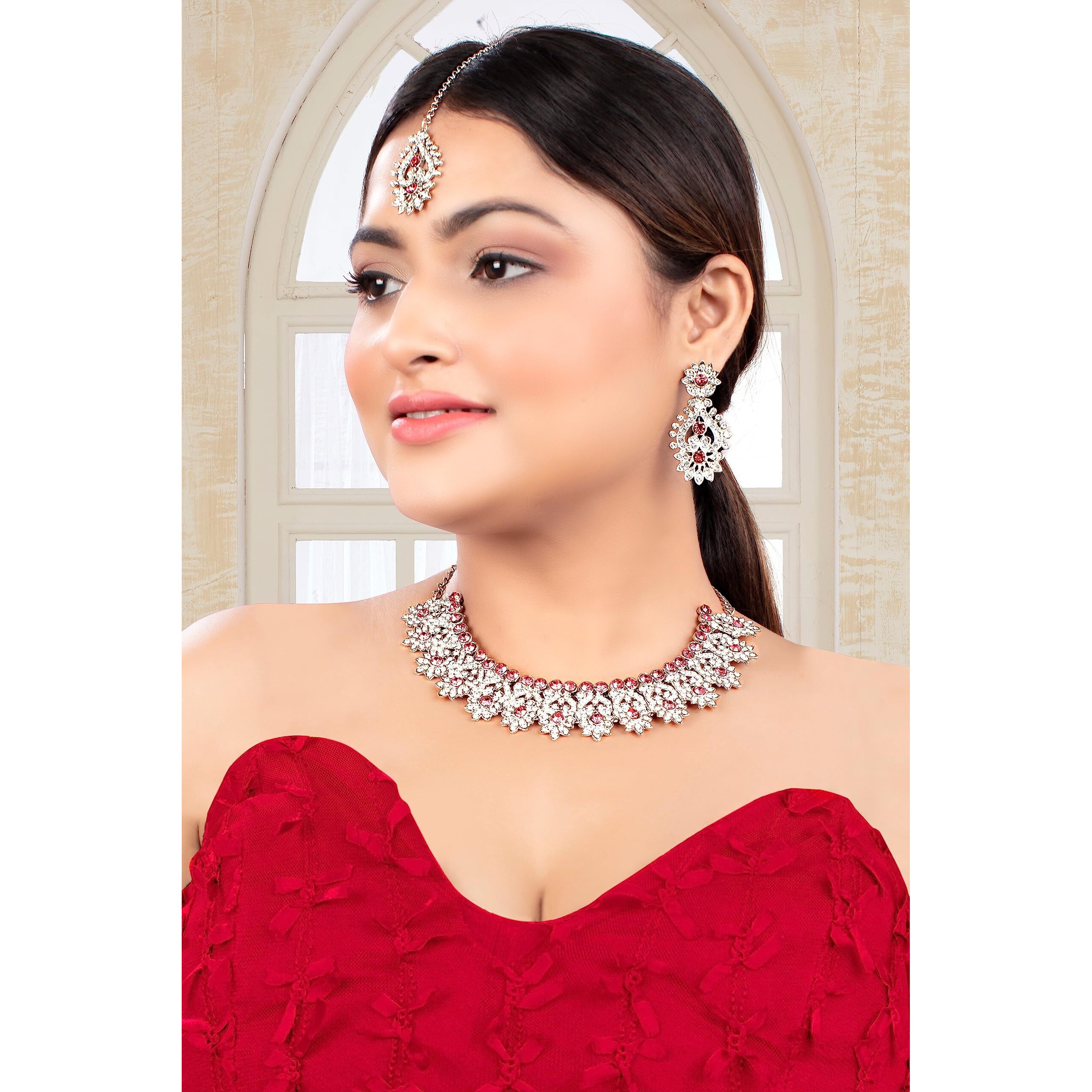 Atasi International Silver Plated Pink Crystal AD Necklace Set with Earrings and Maang Tikka, Suitable for Bridal, Wedding, Party (RP5380) For Women