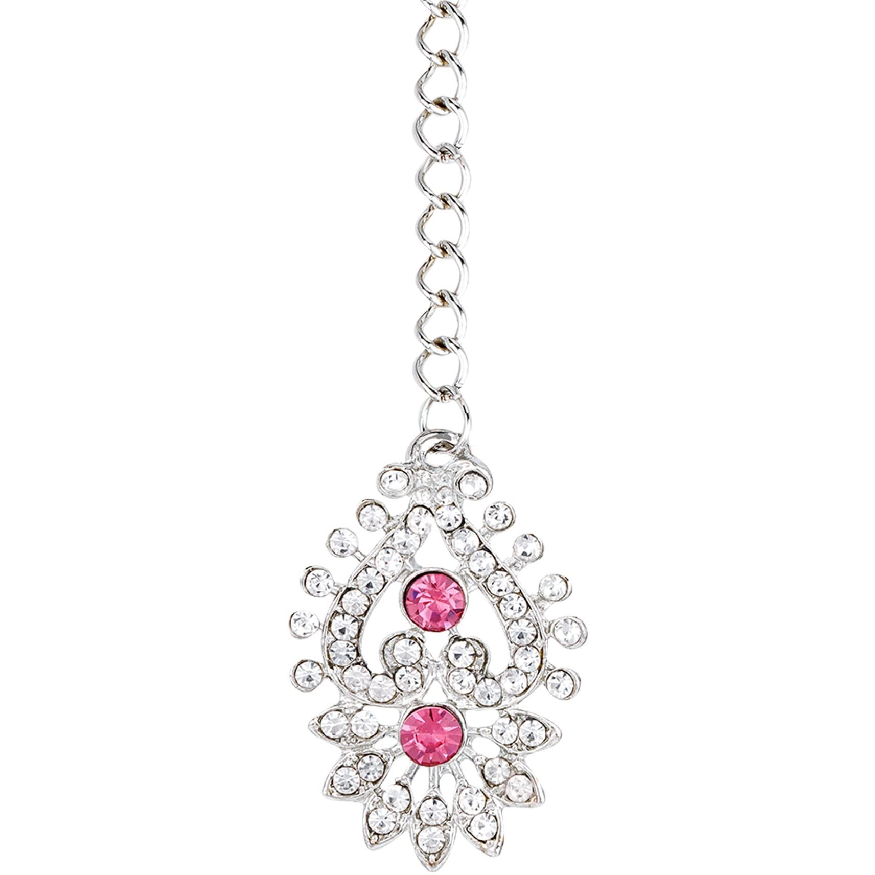 Atasi International Silver Plated Pink Crystal AD Necklace Set with Earrings and Maang Tikka, Suitable for Bridal, Wedding, Party (RP5380) For Women