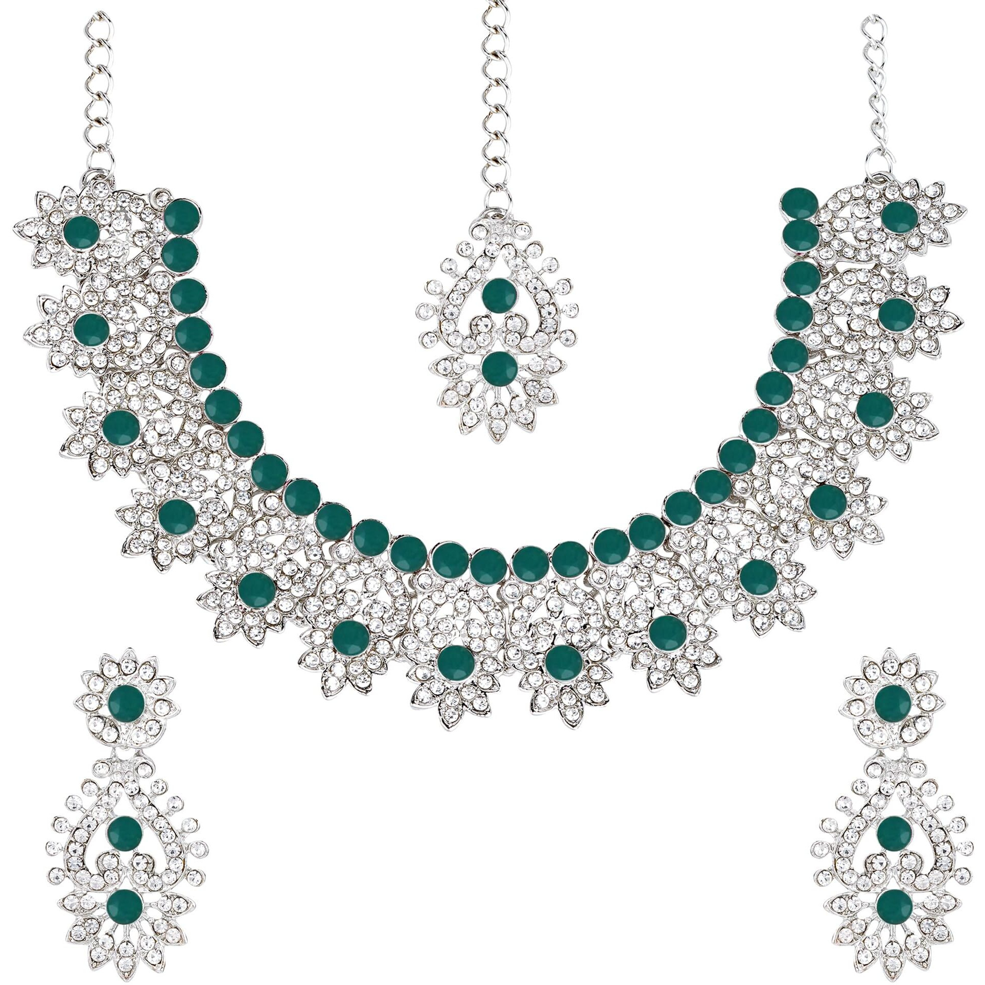 Atasi International Rhodium Plated Green Kundan Necklace Set with Earrings and Maang Tikka (RDG5380)